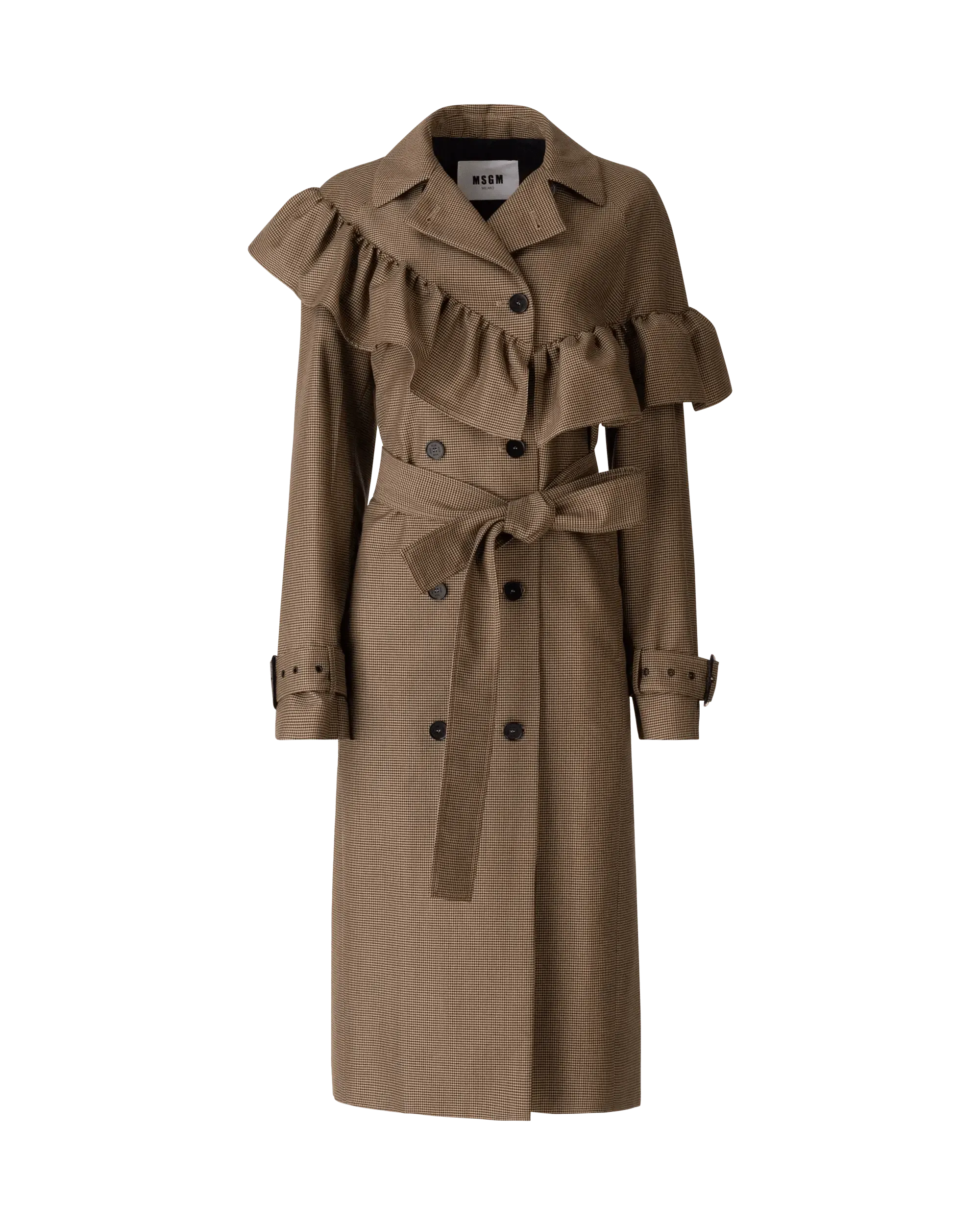Ruffled Houndstooth Belted Coat - DIHSAN