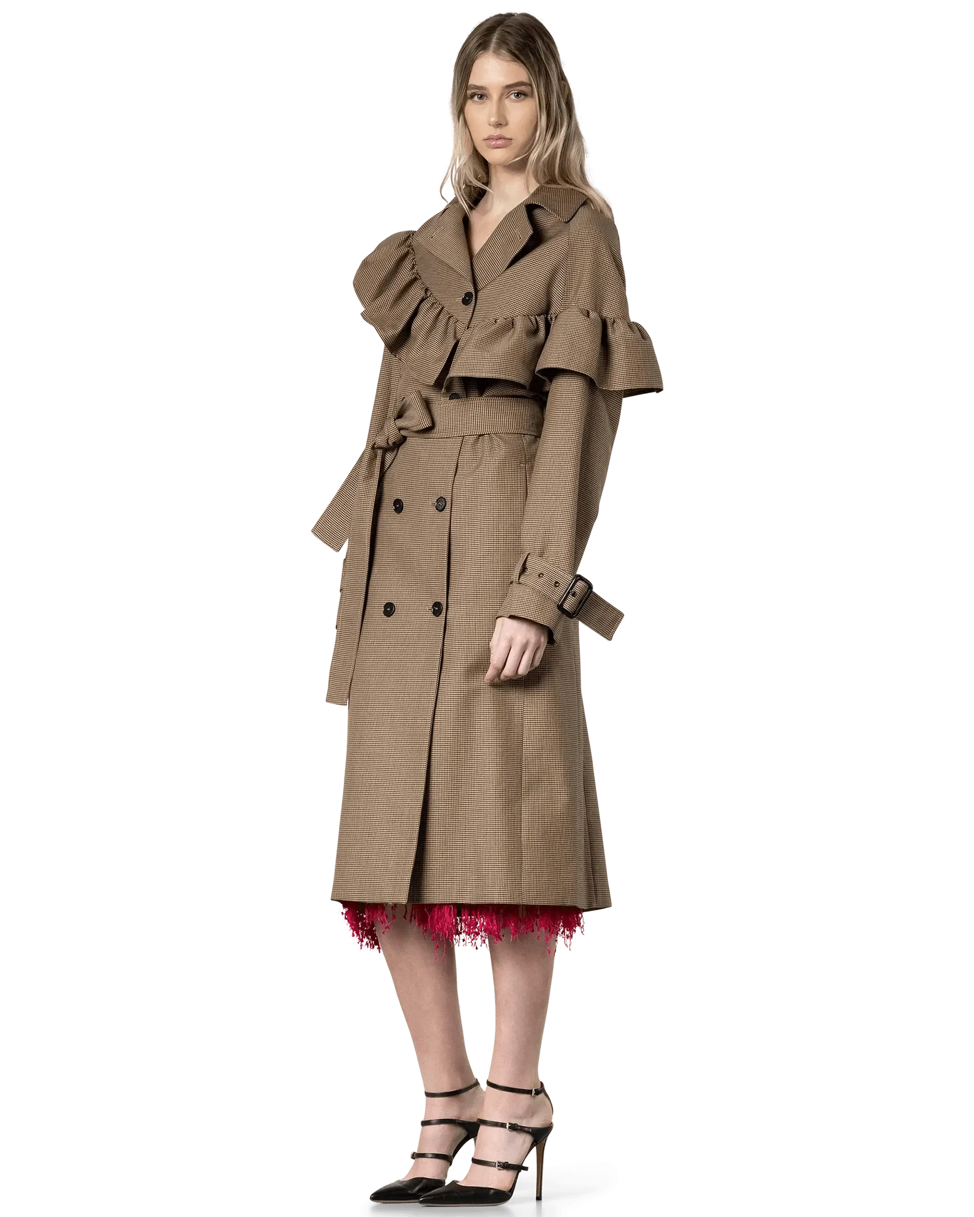 Ruffled Houndstooth Belted Coat - DIHSAN