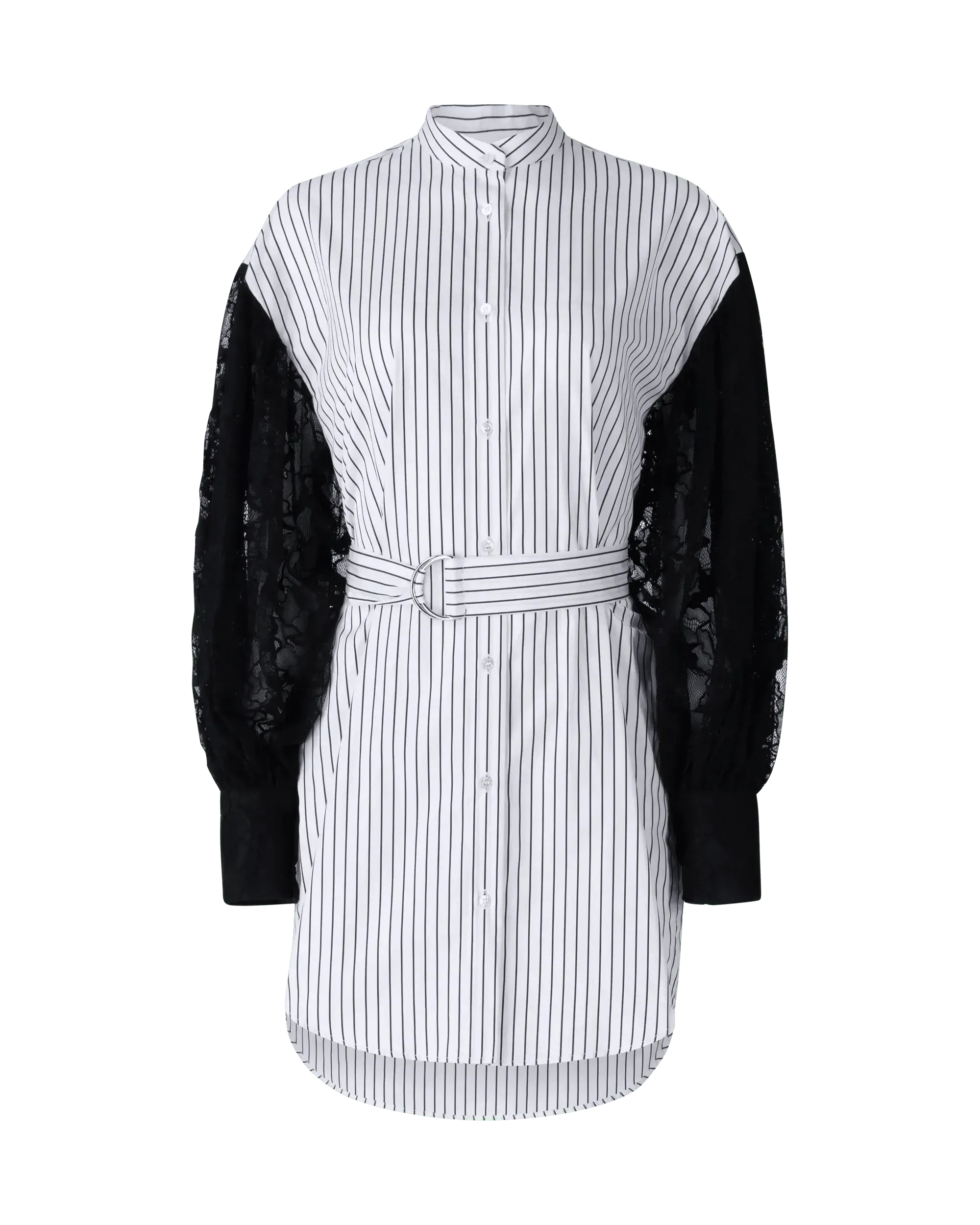 Lace-Sleeved Belted Shirt Dress - DIHSAN
