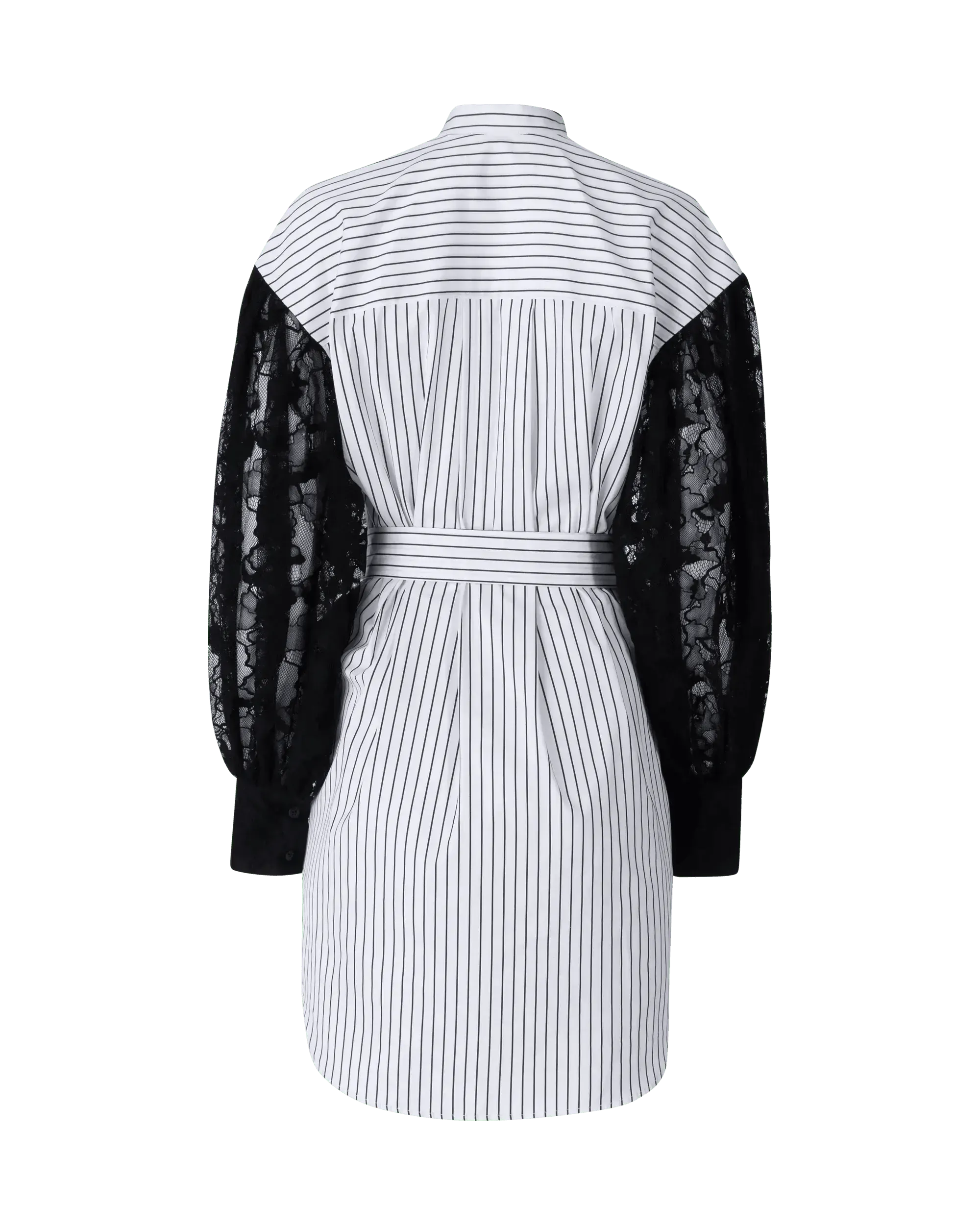 Lace-Sleeved Belted Shirt Dress - DIHSAN