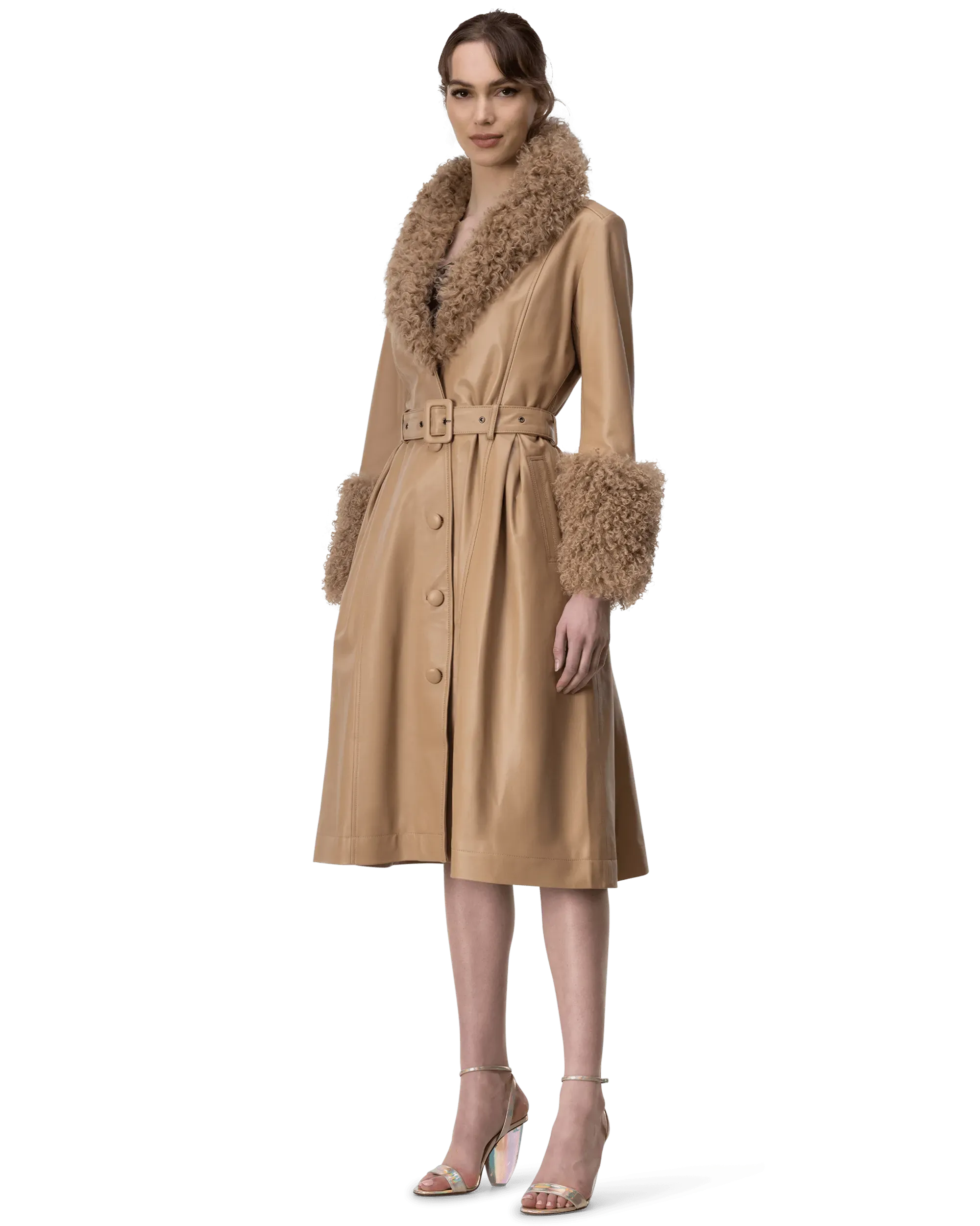 Foxy Shearling Brown Trim Leather Coat - DIHSAN