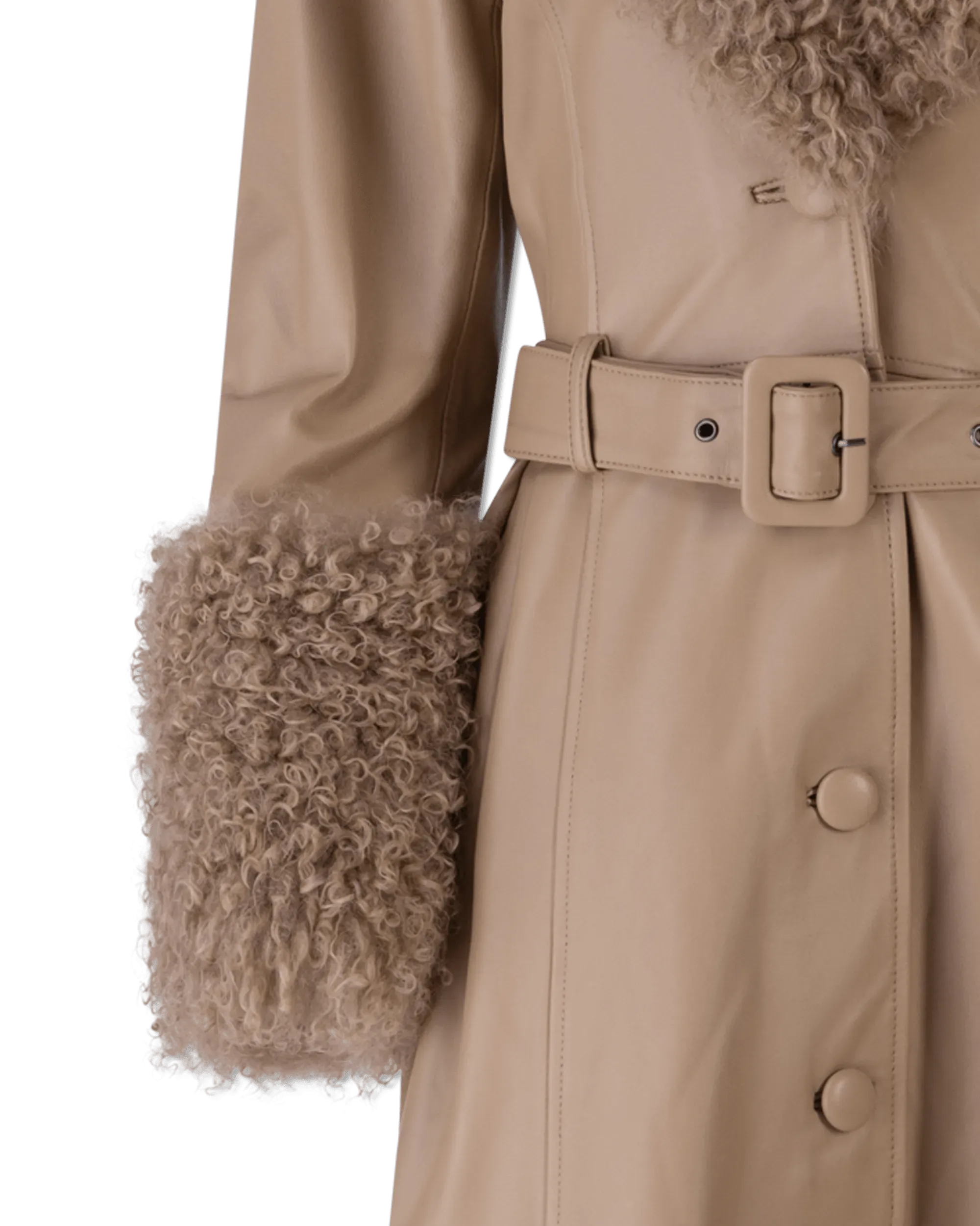 Foxy Shearling Brown Trim Leather Coat - DIHSAN