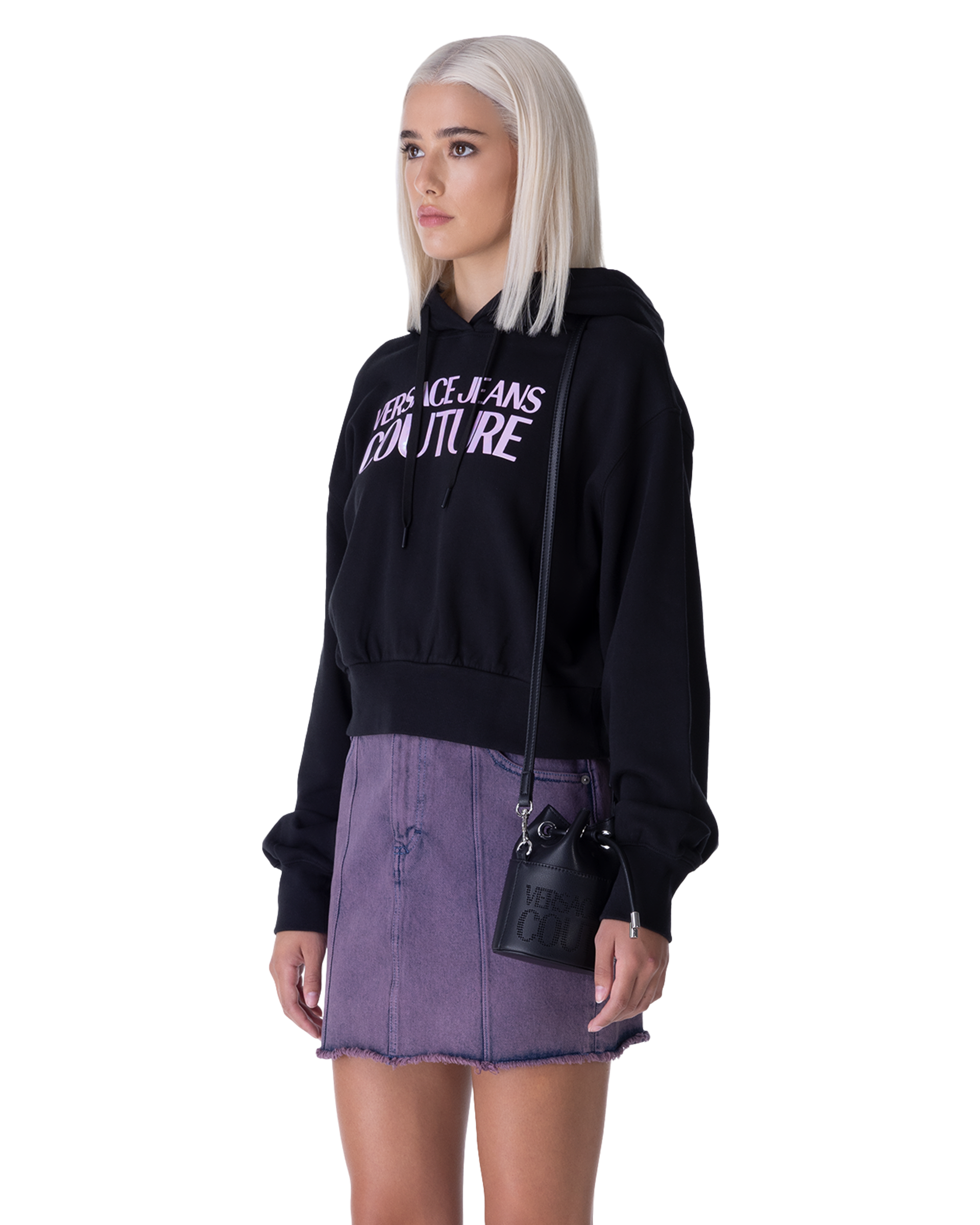 Black Cotton Printed Logo Hoodie by Versace Jeans Couture | DIHSAN