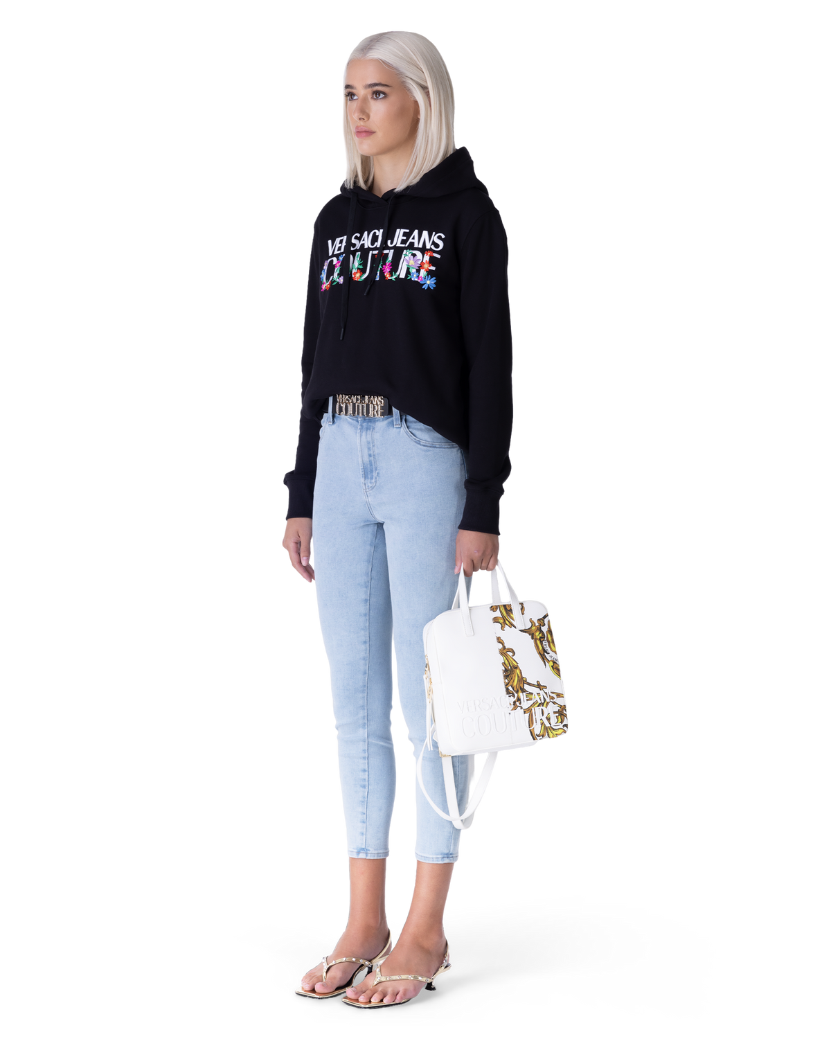 Black Cotton Floral Embroidered Versace Jeans Couture Hoodie by Versace Jeans Couture | DIHSAN