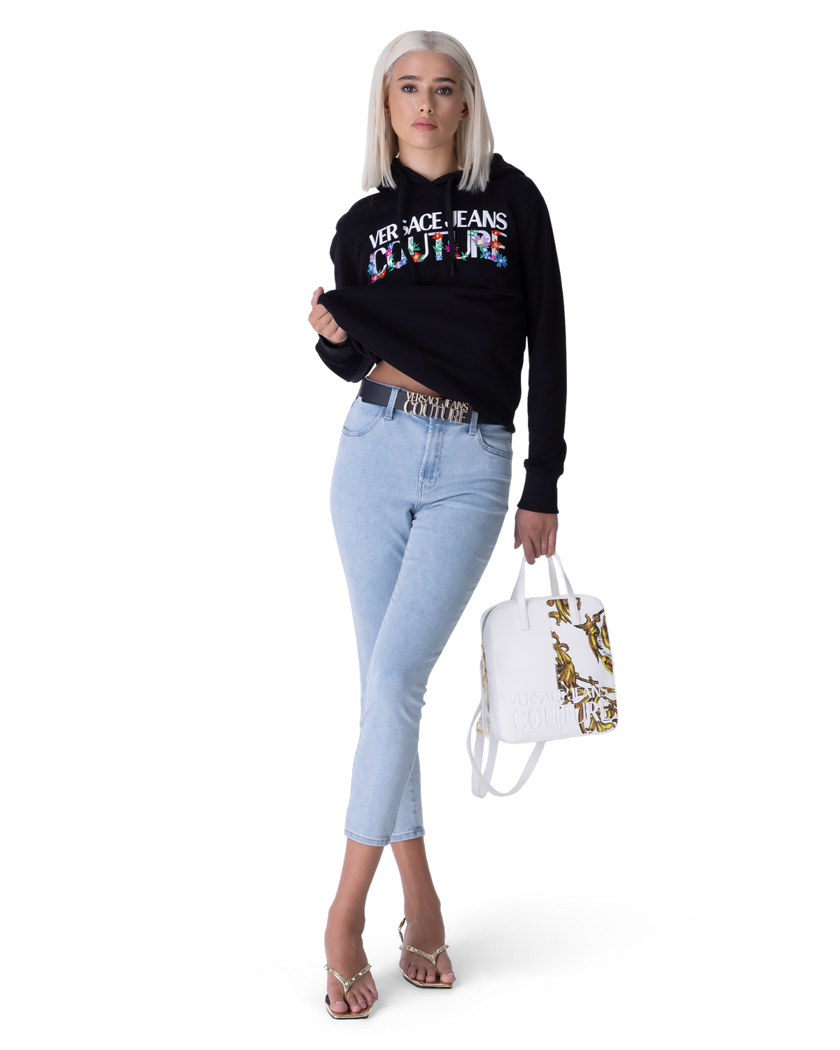 Black Cotton Floral Embroidered Versace Jeans Couture Hoodie by Versace Jeans Couture | DIHSAN