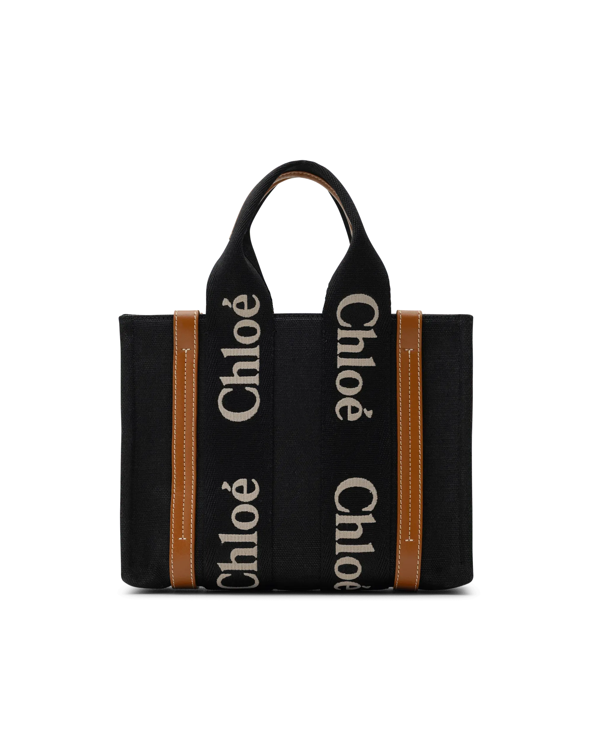 Black Calfskin Woody Linen Leather Small Tote Bag by Chloé | DIHSAN