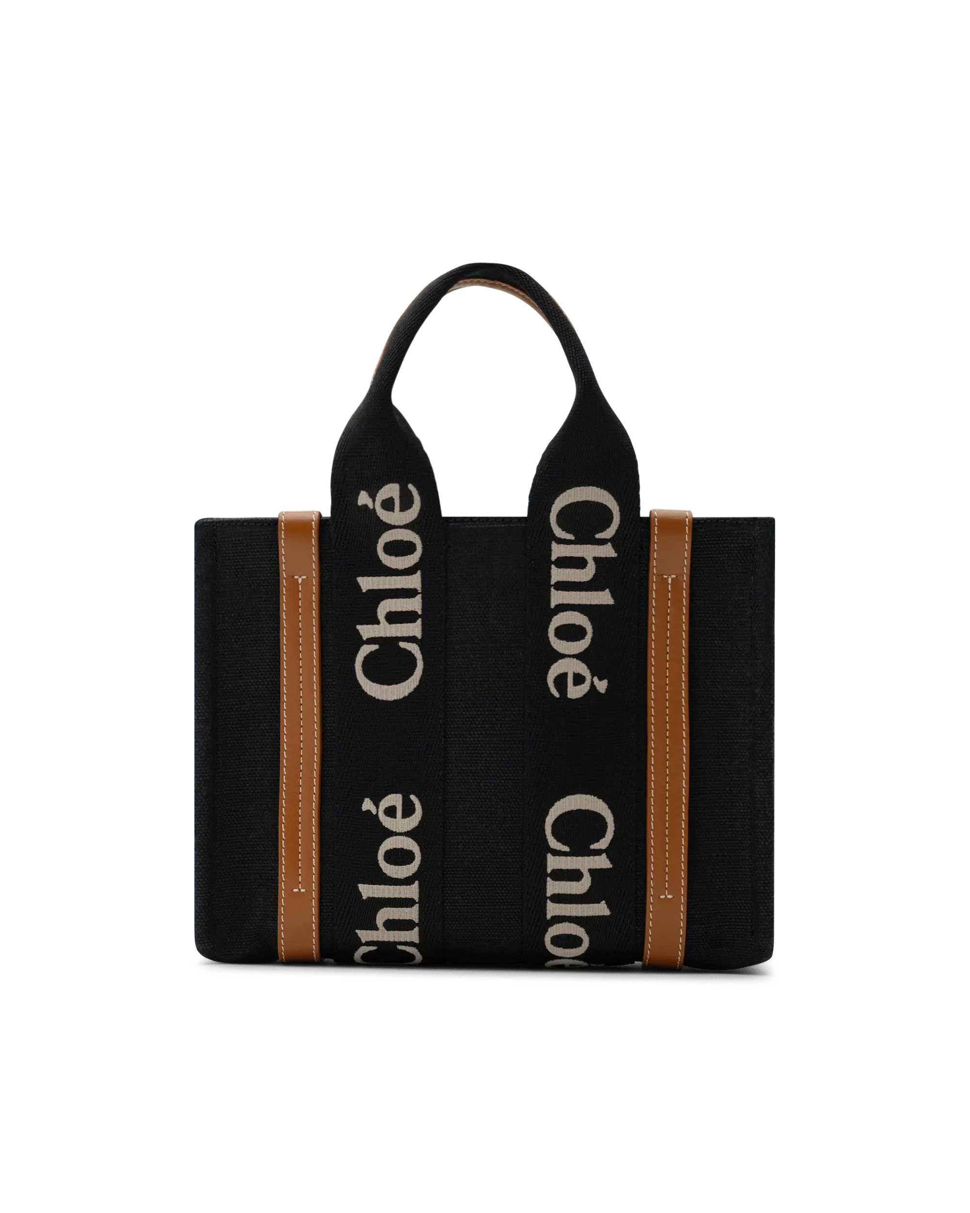 Black Calfskin Woody Linen Leather Small Tote Bag by Chloé | DIHSAN