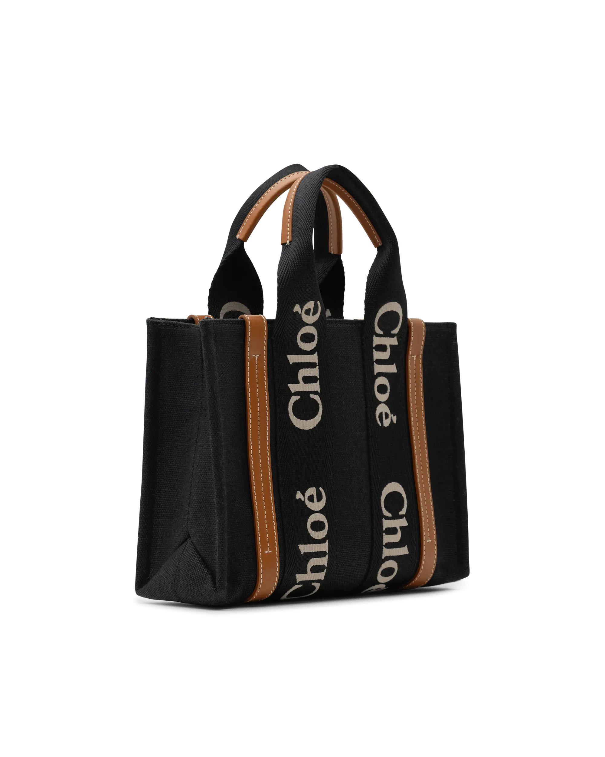 Black Calfskin Woody Linen Leather Small Tote Bag by Chloé | DIHSAN