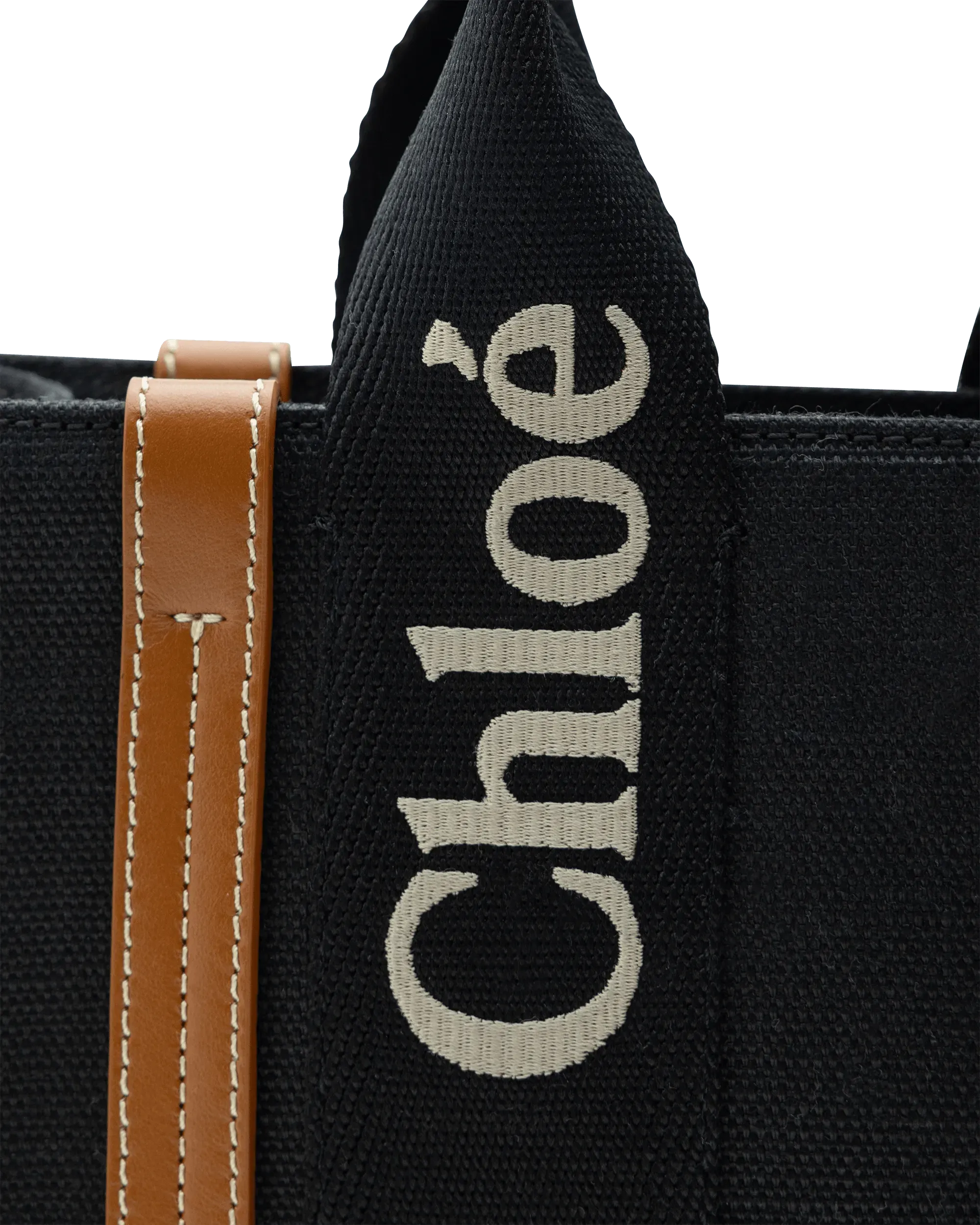 Black Calfskin Woody Linen Leather Small Tote Bag by Chloé | DIHSAN