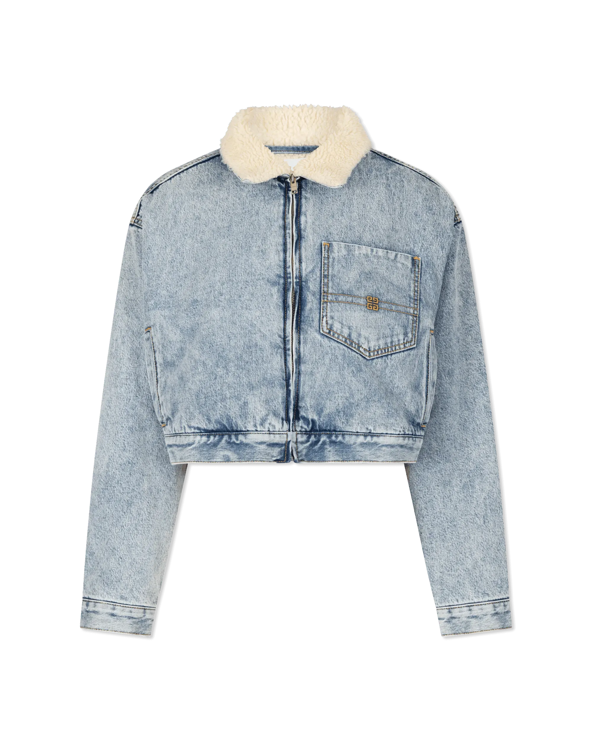 Bi Material Shearling Collar Cropped Denim Jacket - DIHSAN