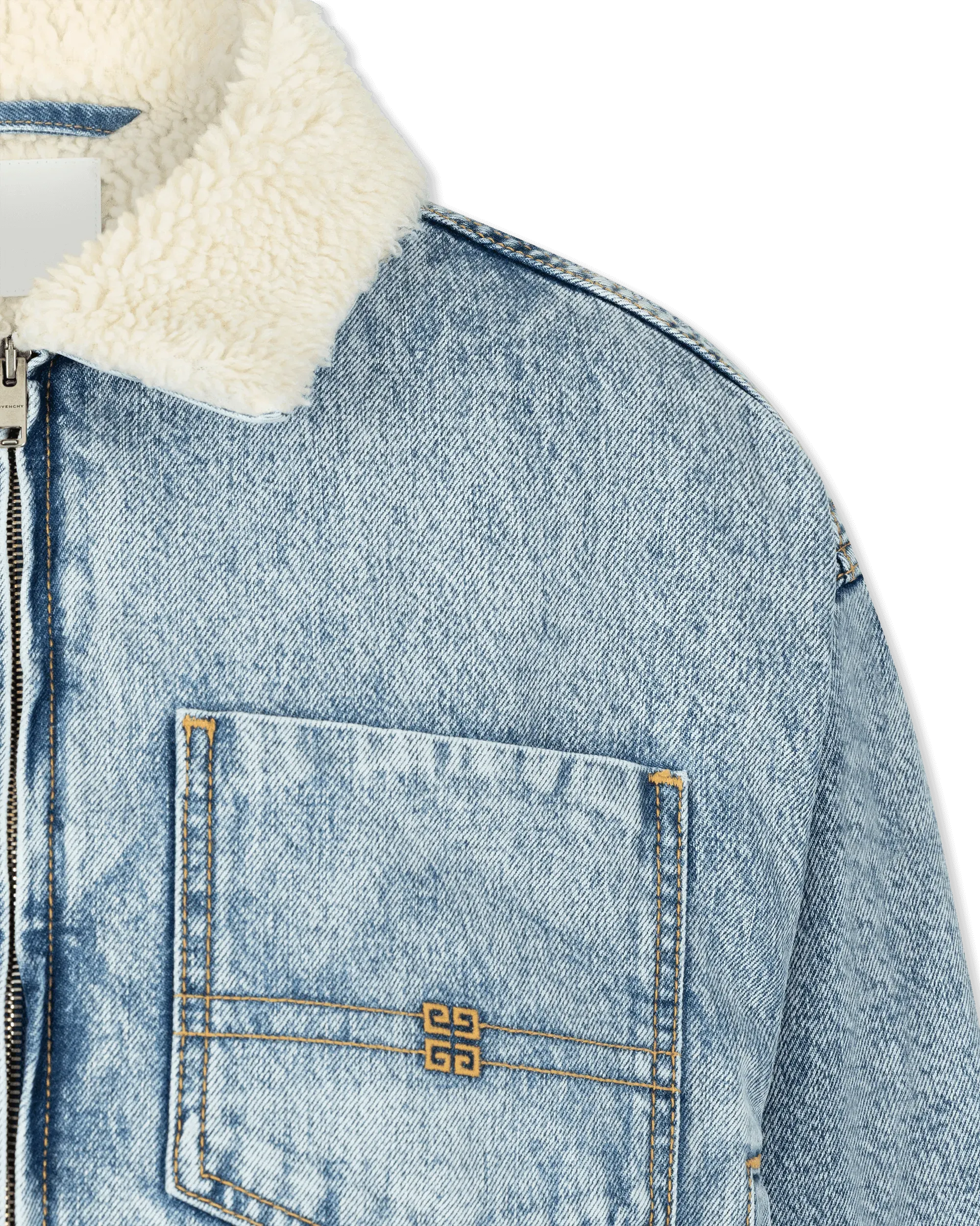 Bi Material Shearling Collar Cropped Denim Jacket - DIHSAN