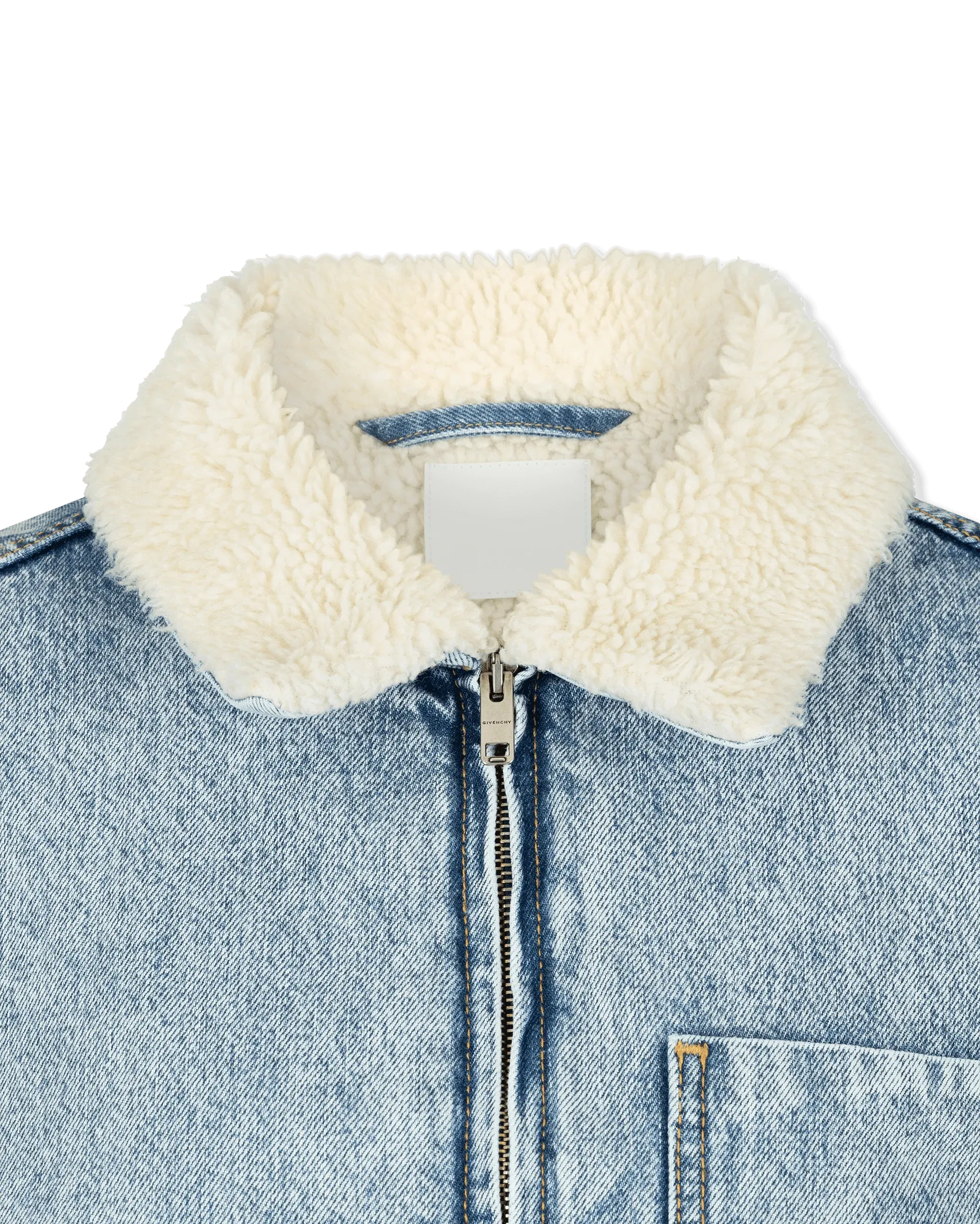 Bi Material Shearling Collar Cropped Denim Jacket - DIHSAN