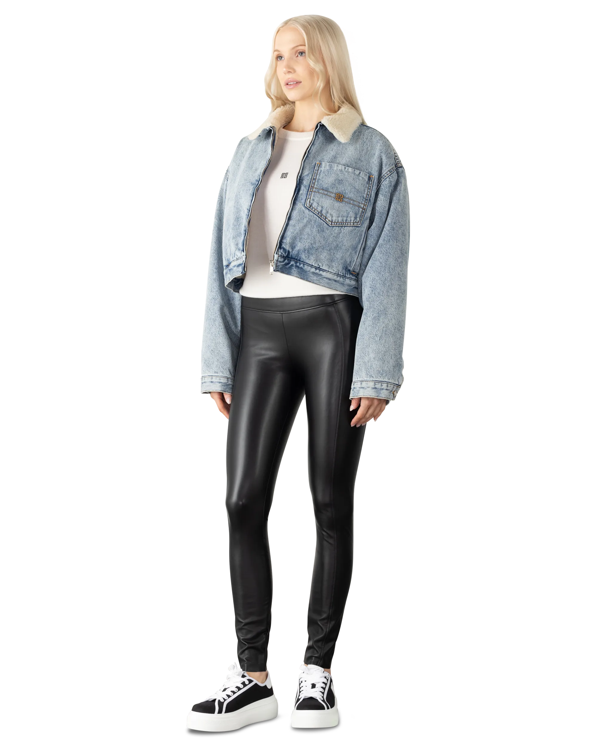 Bi Material Shearling Collar Cropped Denim Jacket