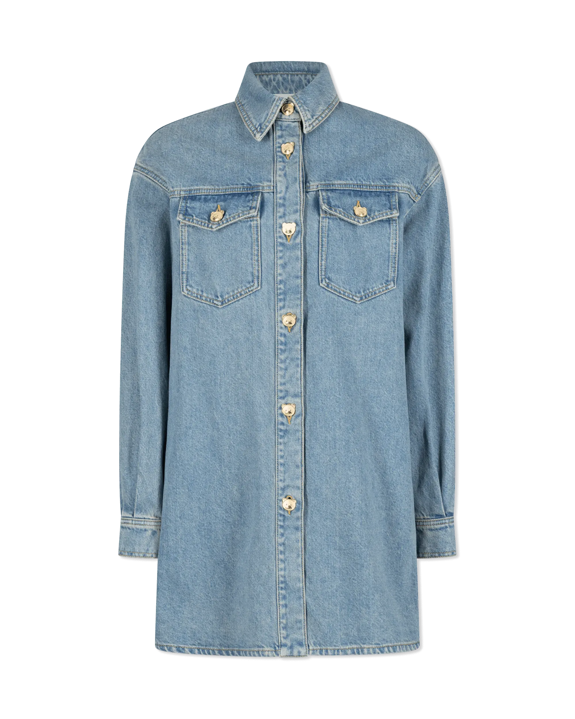 Teddy Buttons Blue Denim Shirt Dress - DIHSAN