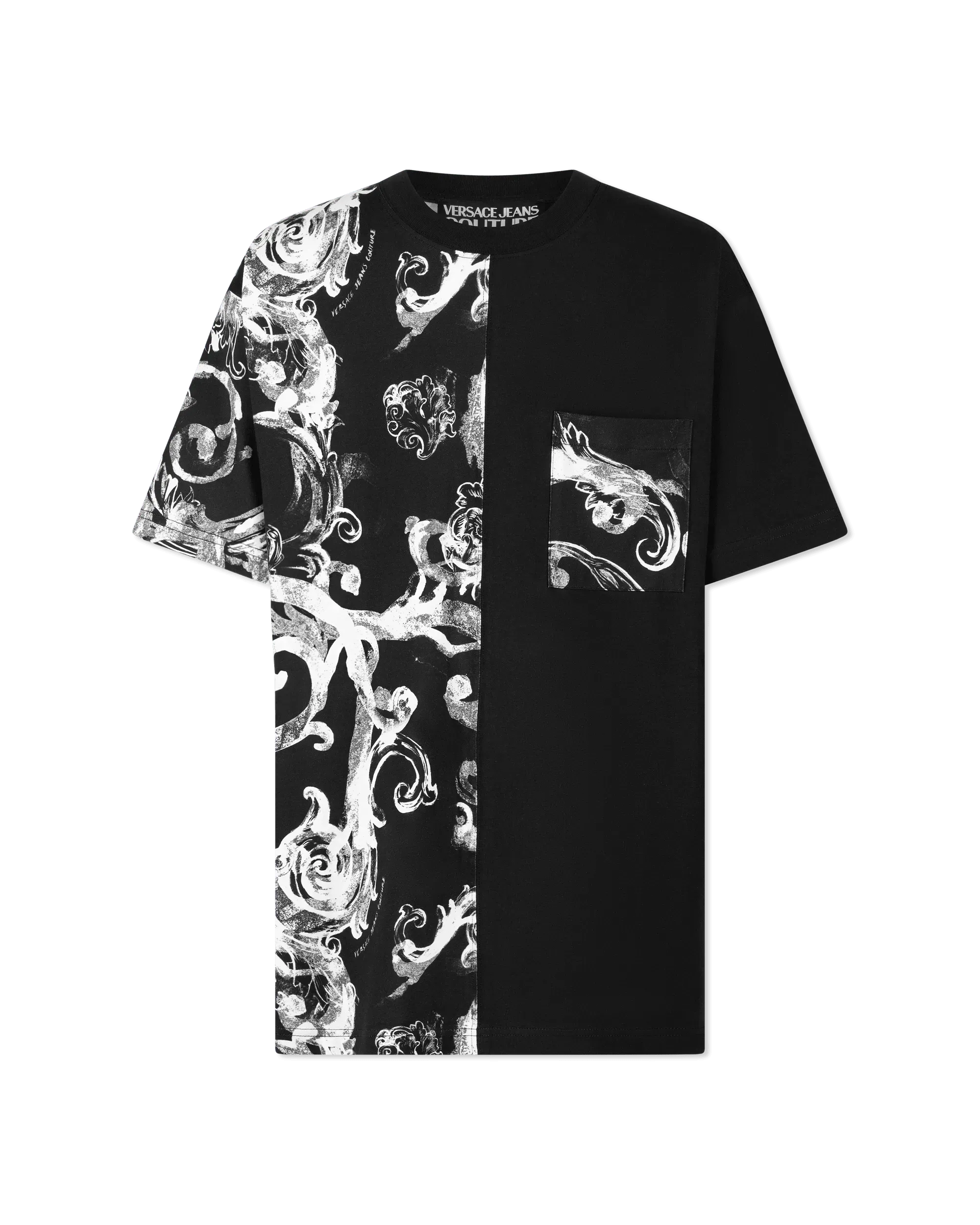 Black Cotton Watercolor Half Baroque Print T-Shirt by Versace Jeans Couture | DIHSAN
