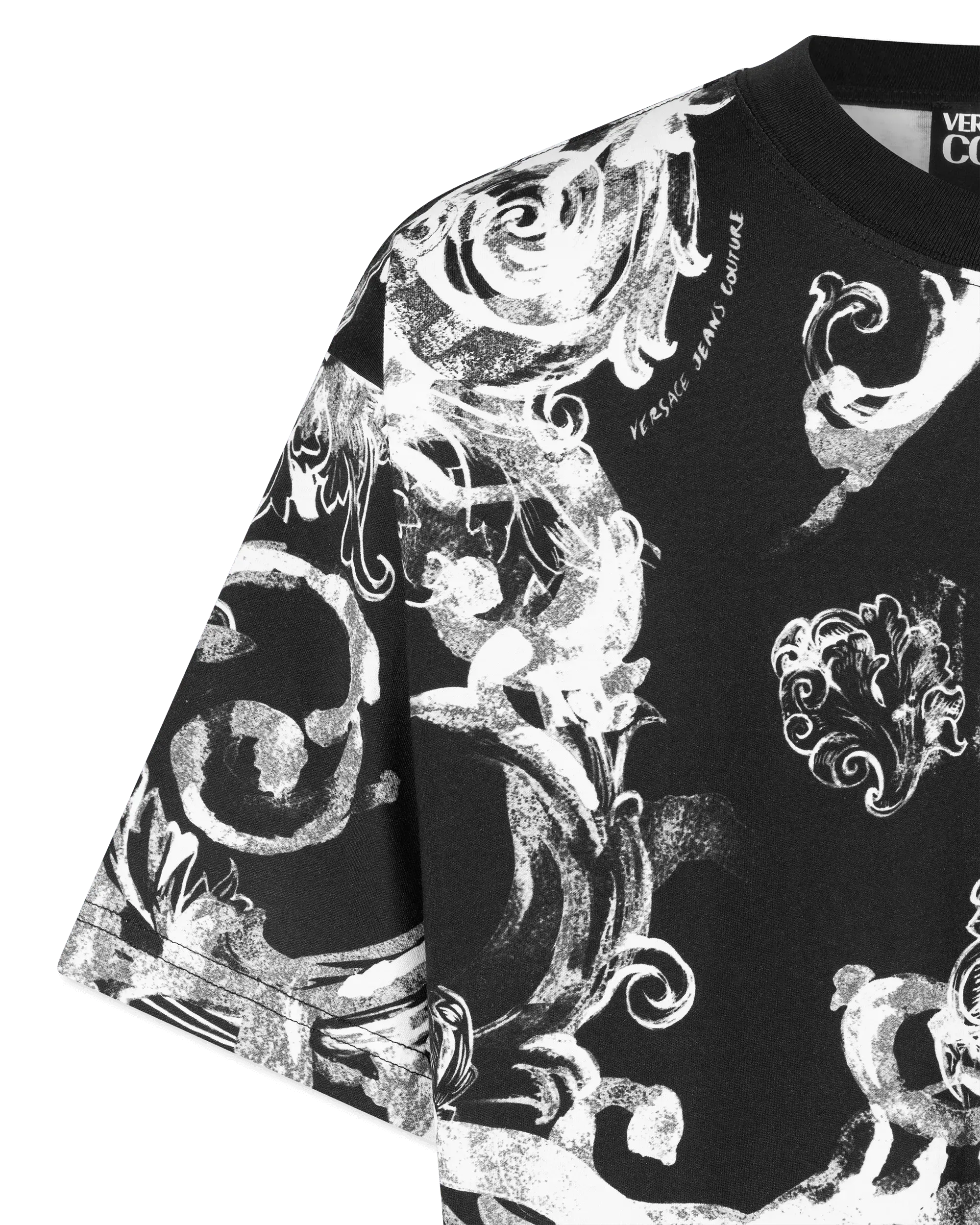 Black Cotton Watercolor Half Baroque Print T-Shirt by Versace Jeans Couture | DIHSAN