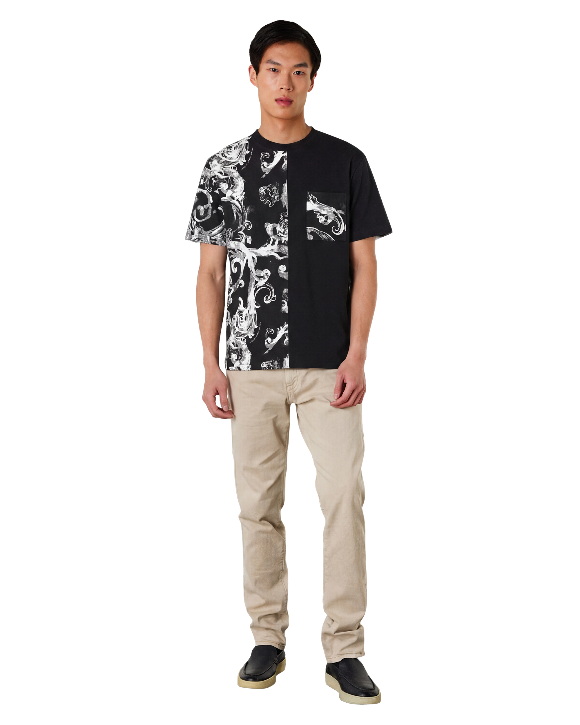 Black Cotton Watercolor Half Baroque Print T-Shirt by Versace Jeans Couture | DIHSAN