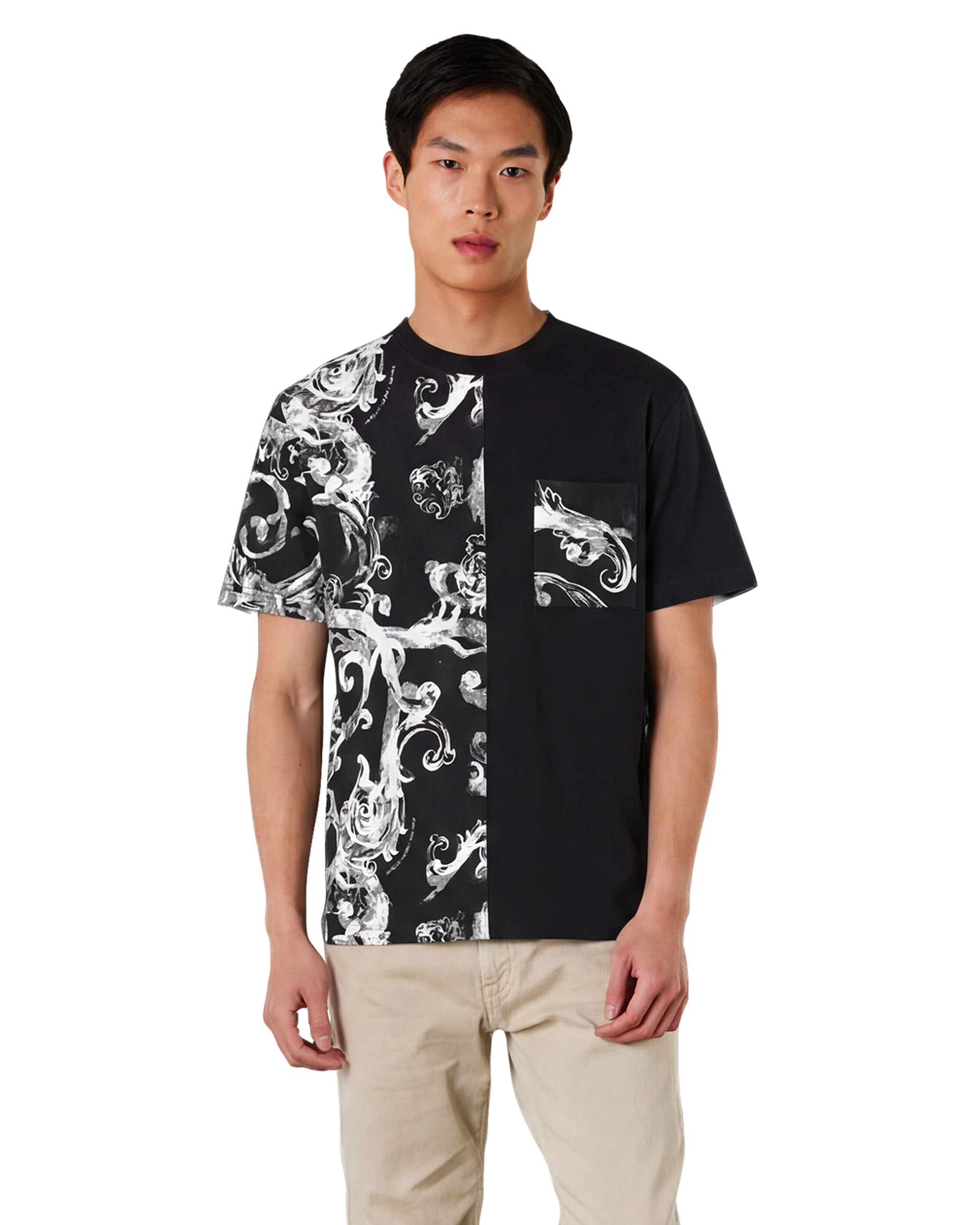 Black Cotton Watercolor Half Baroque Print T-Shirt by Versace Jeans Couture | DIHSAN