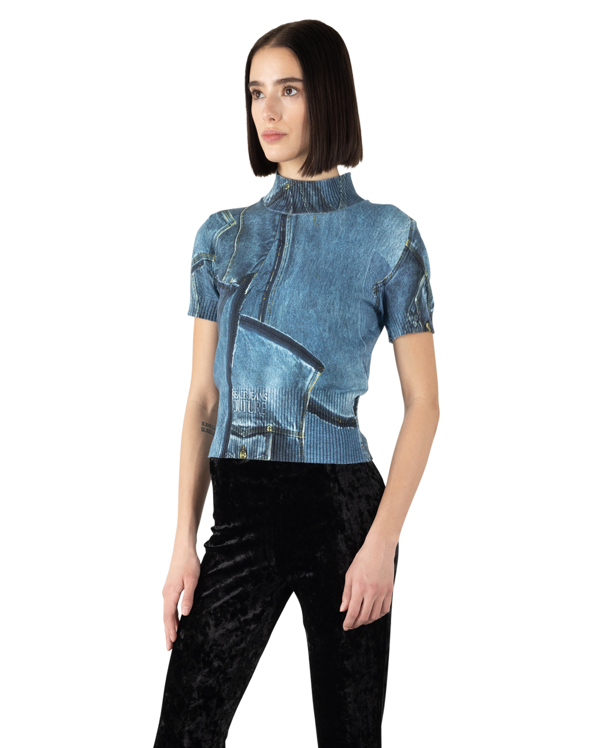 Denim Print Short Sleeve Mock Neck Top