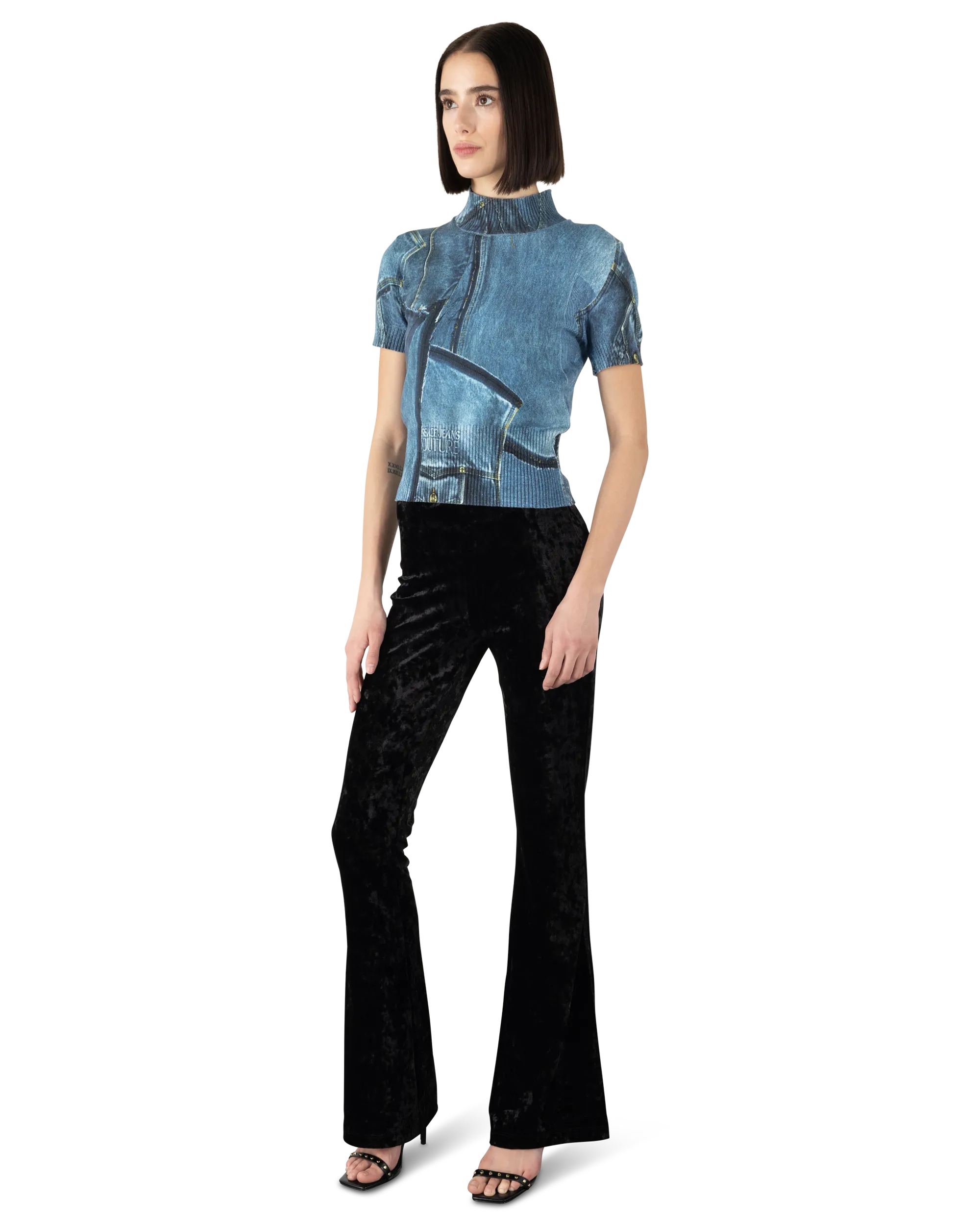 Denim Print Short Sleeve Mock Neck Top