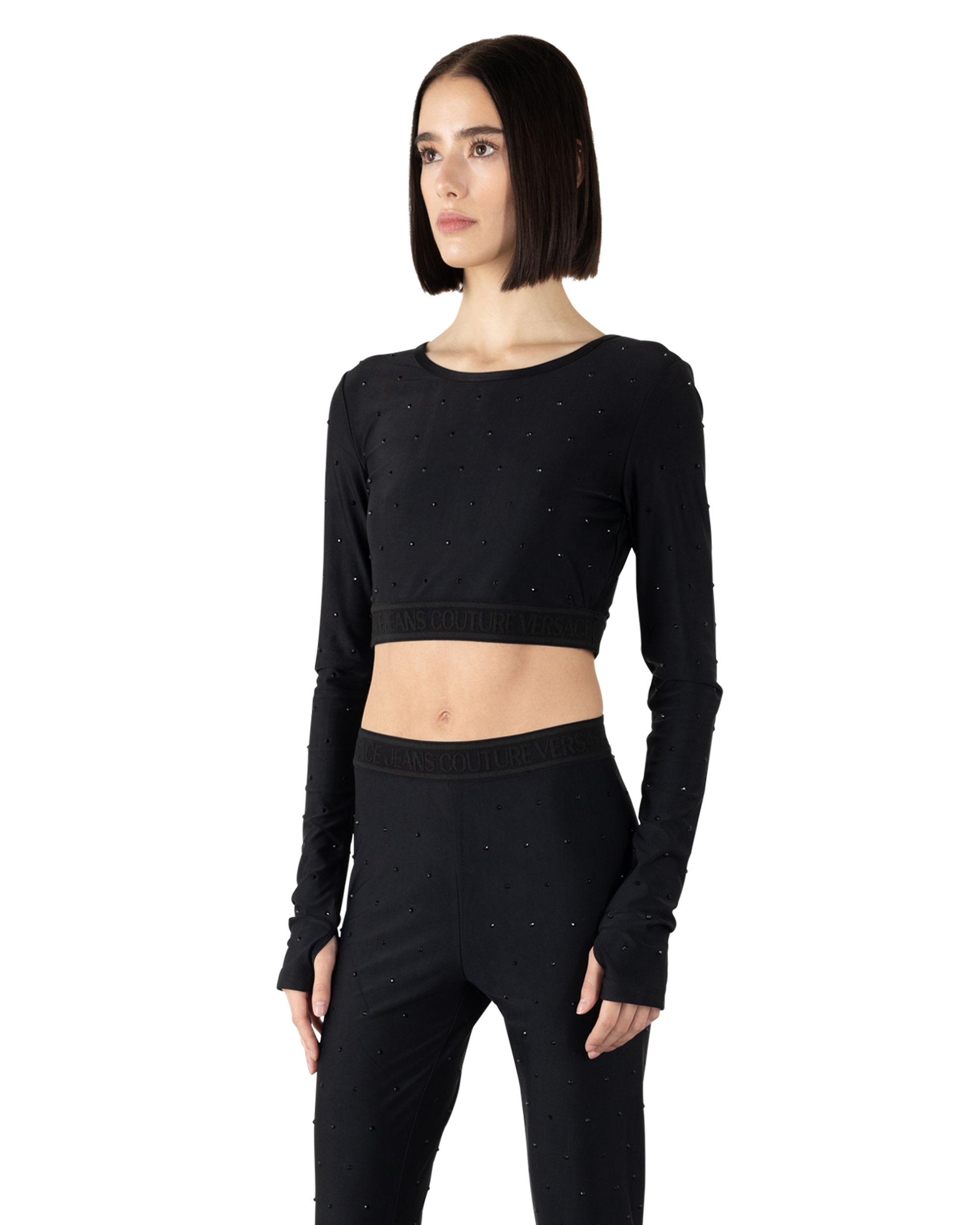 Crystal Embellished Long Sleeve Crop Top