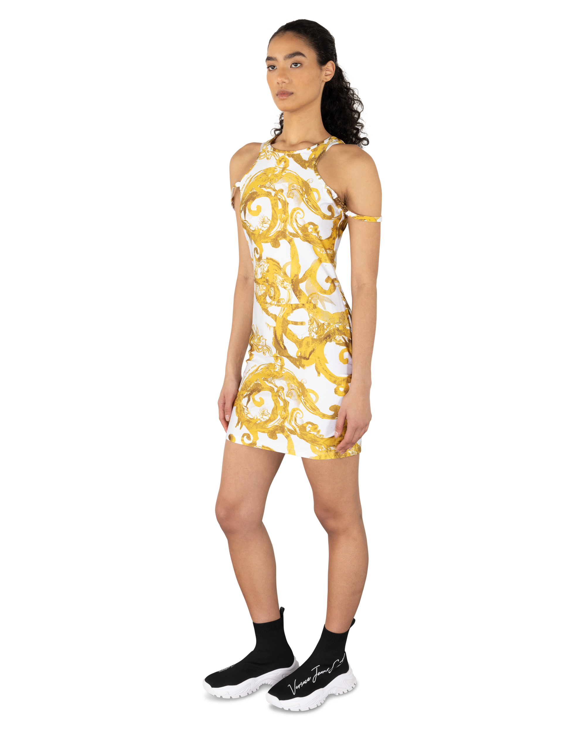 versace gold mini dress Jeans Couture White Printed Minidress Black Wedding Dress — A sleeveless mini dress member:50024921170088:15120 XS-4XB:L