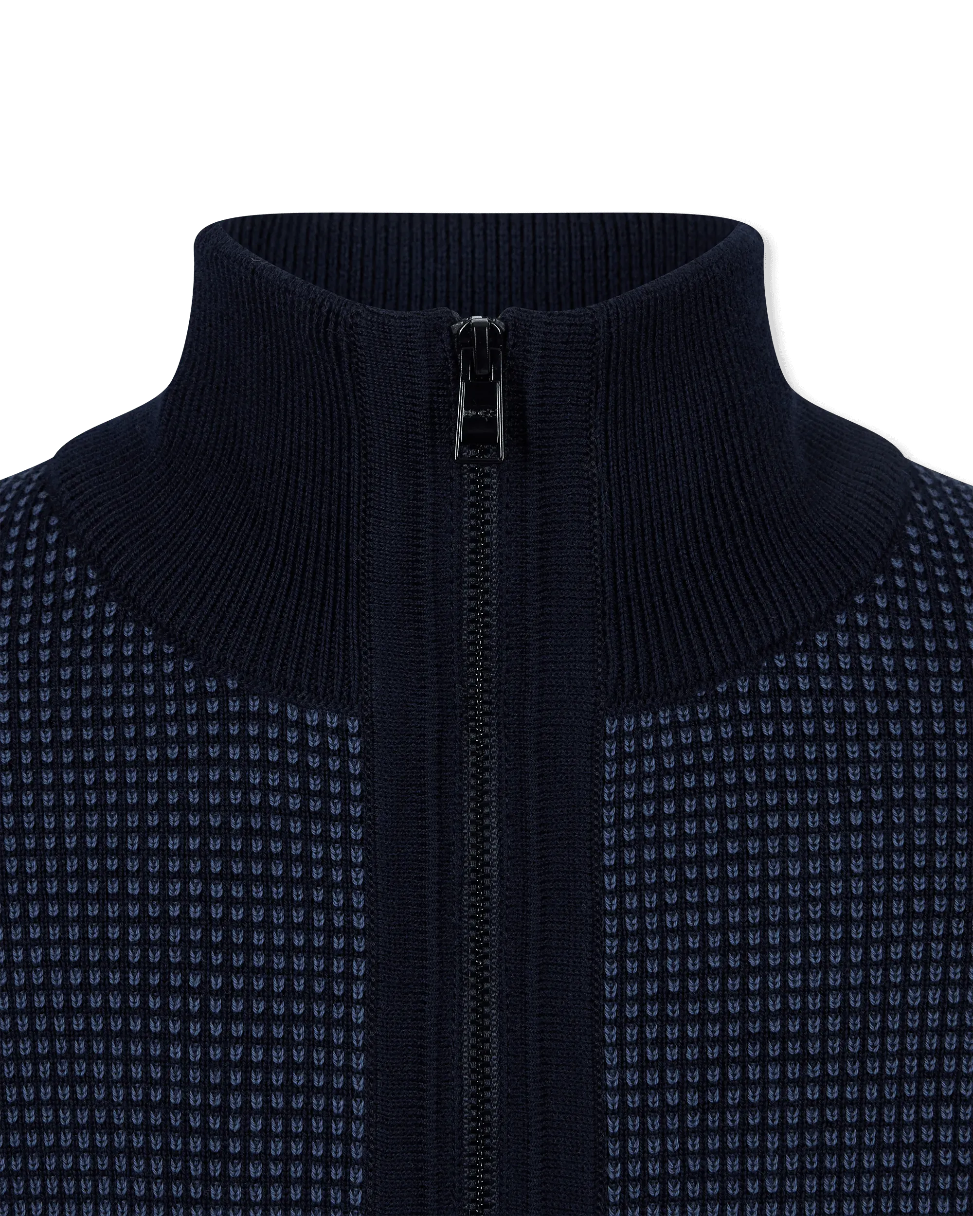 Dark Blue Virgin H-Dambino Zip-Neck Sweater With Mixed Structures by BOSS Black | DIHSAN