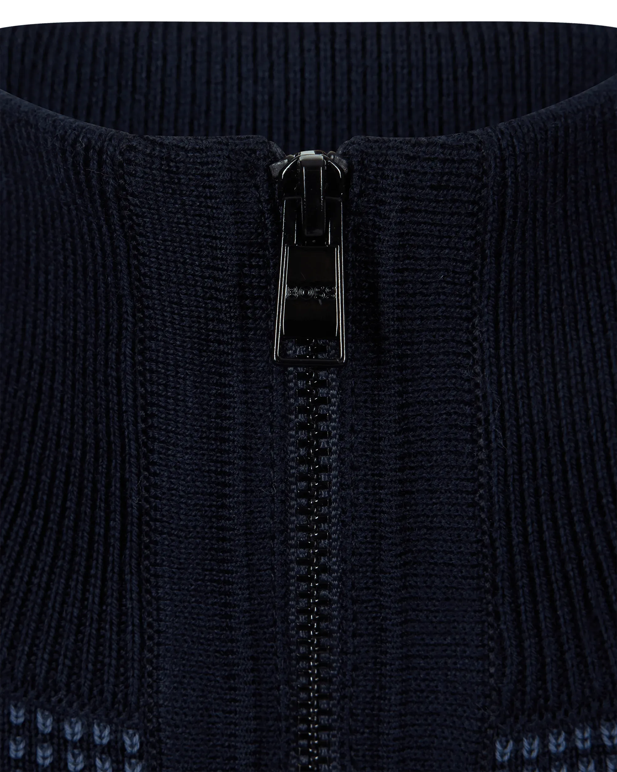 Dark Blue Virgin H-Dambino Zip-Neck Sweater With Mixed Structures by BOSS Black | DIHSAN