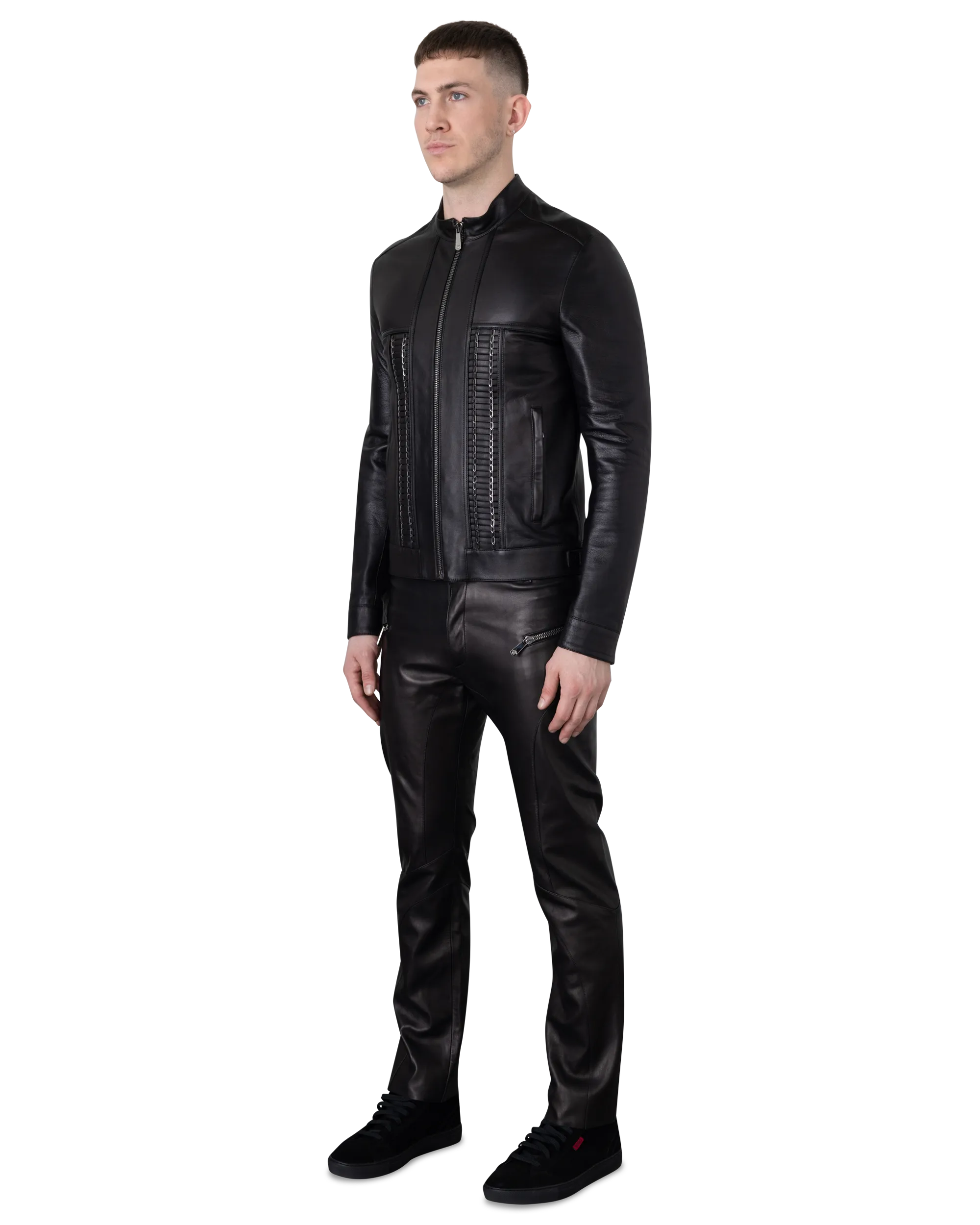 Leather Moto Jacket With Woven Chain Detail