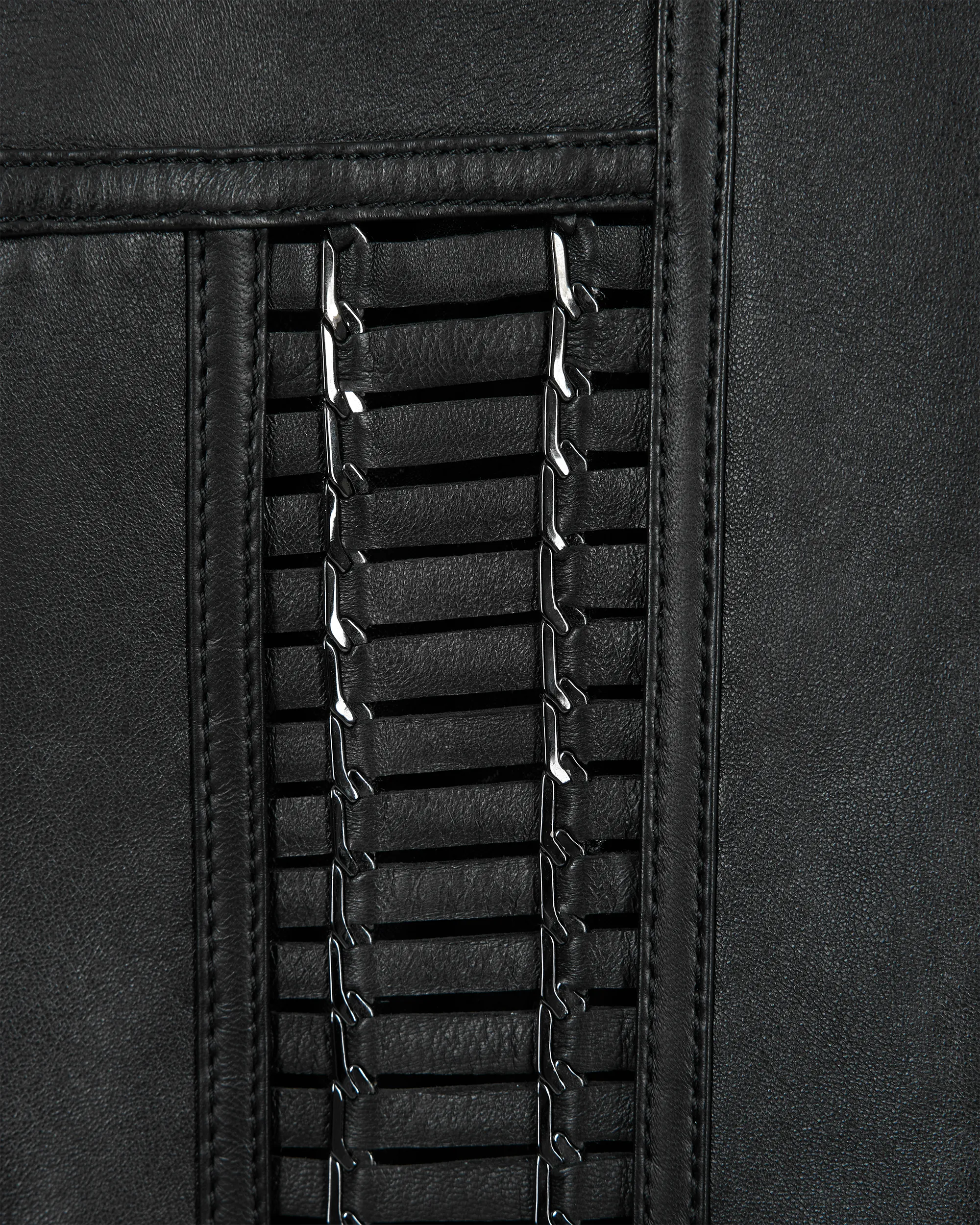 Leather Moto Jacket With Woven Chain Detail - DIHSAN