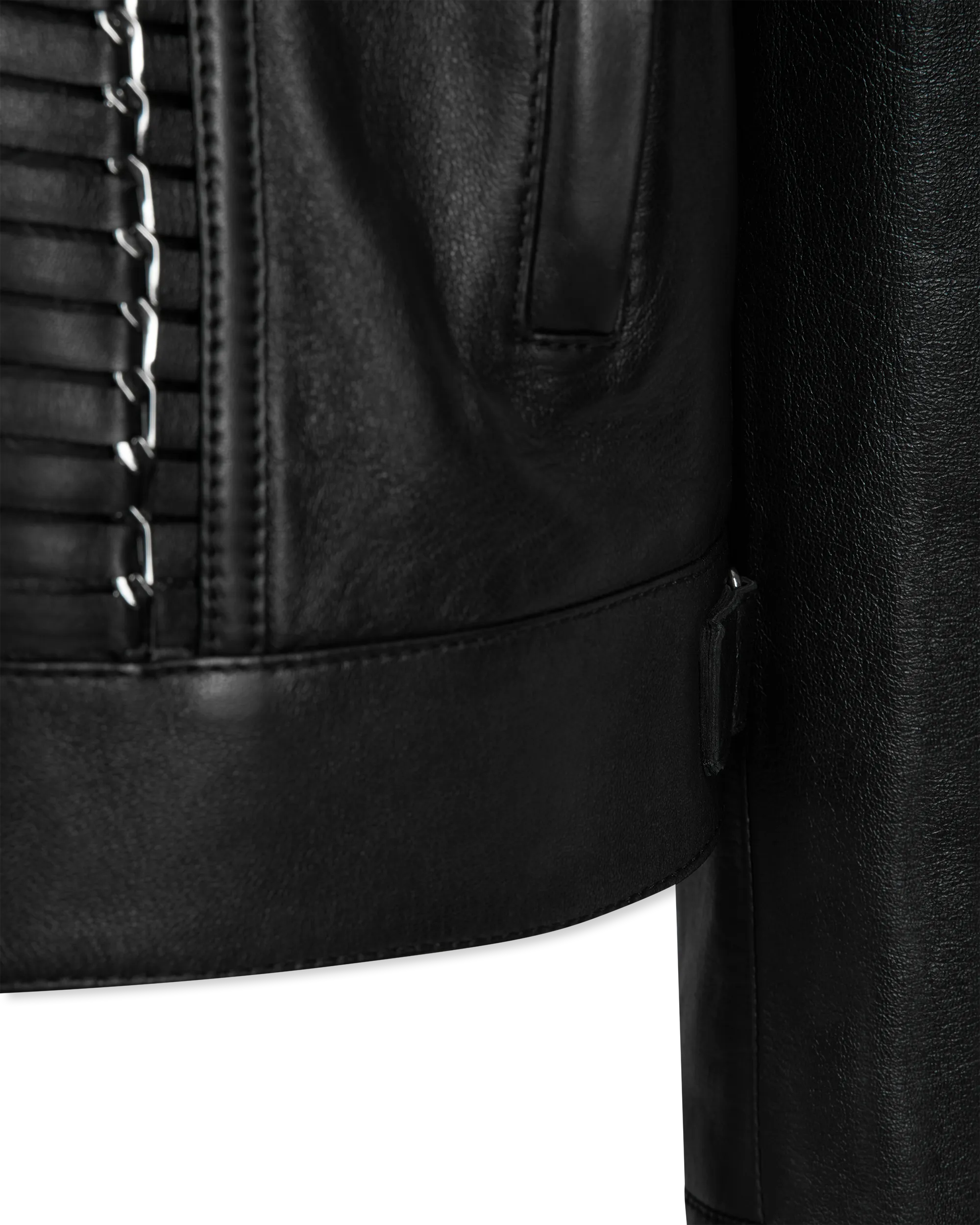 Leather Moto Jacket With Woven Chain Detail - DIHSAN