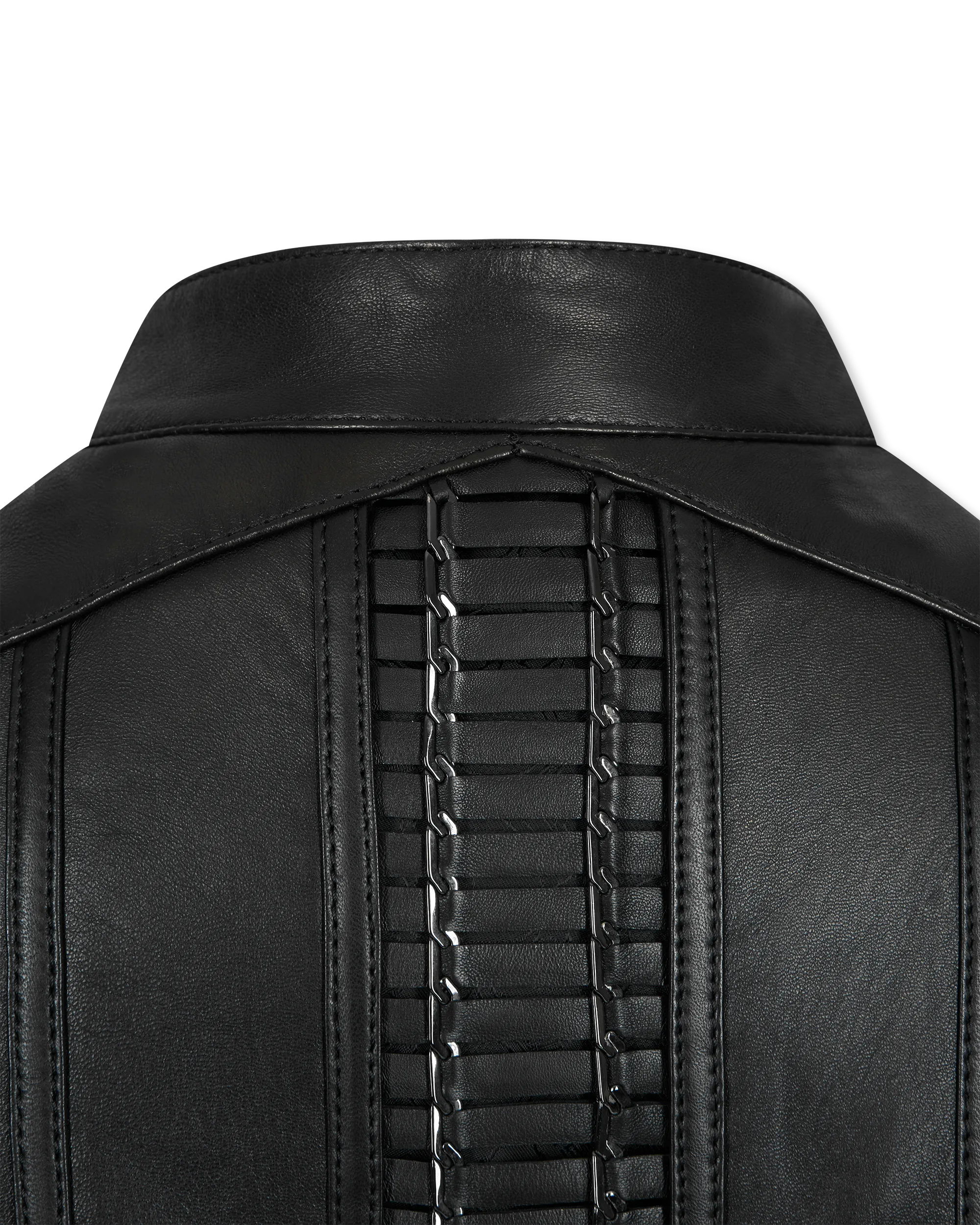 Leather Moto Jacket With Woven Chain Detail - DIHSAN