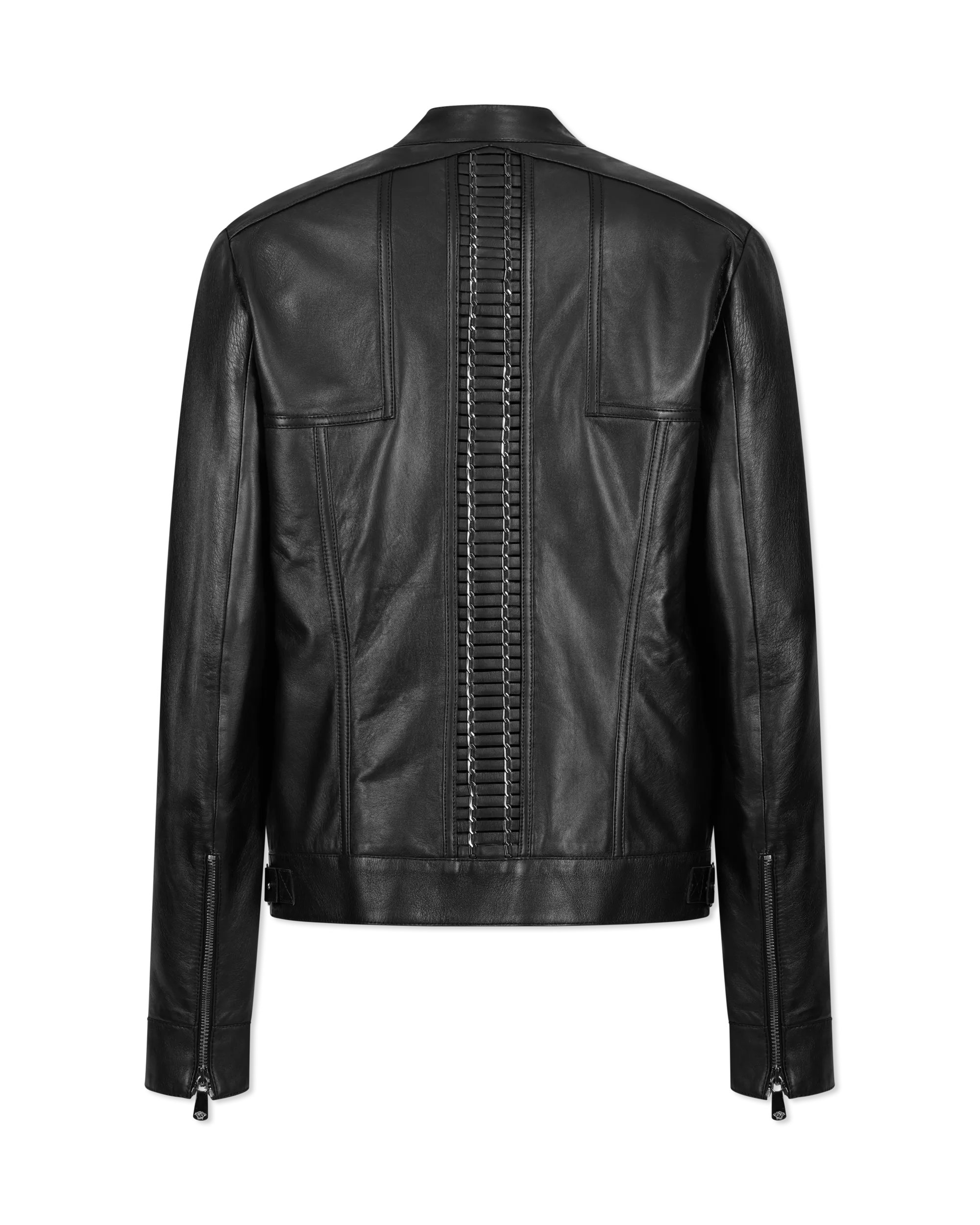 Leather Moto Jacket With Woven Chain Detail - DIHSAN