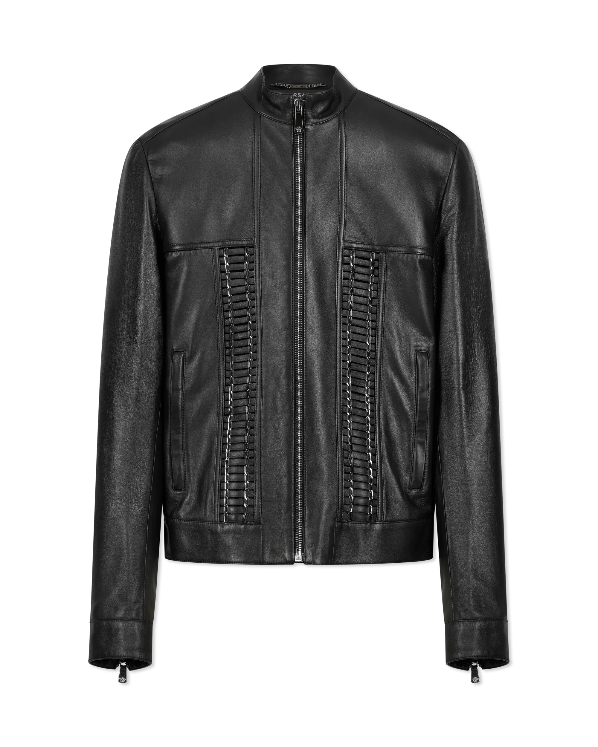 Leather Moto Jacket With Woven Chain Detail - DIHSAN