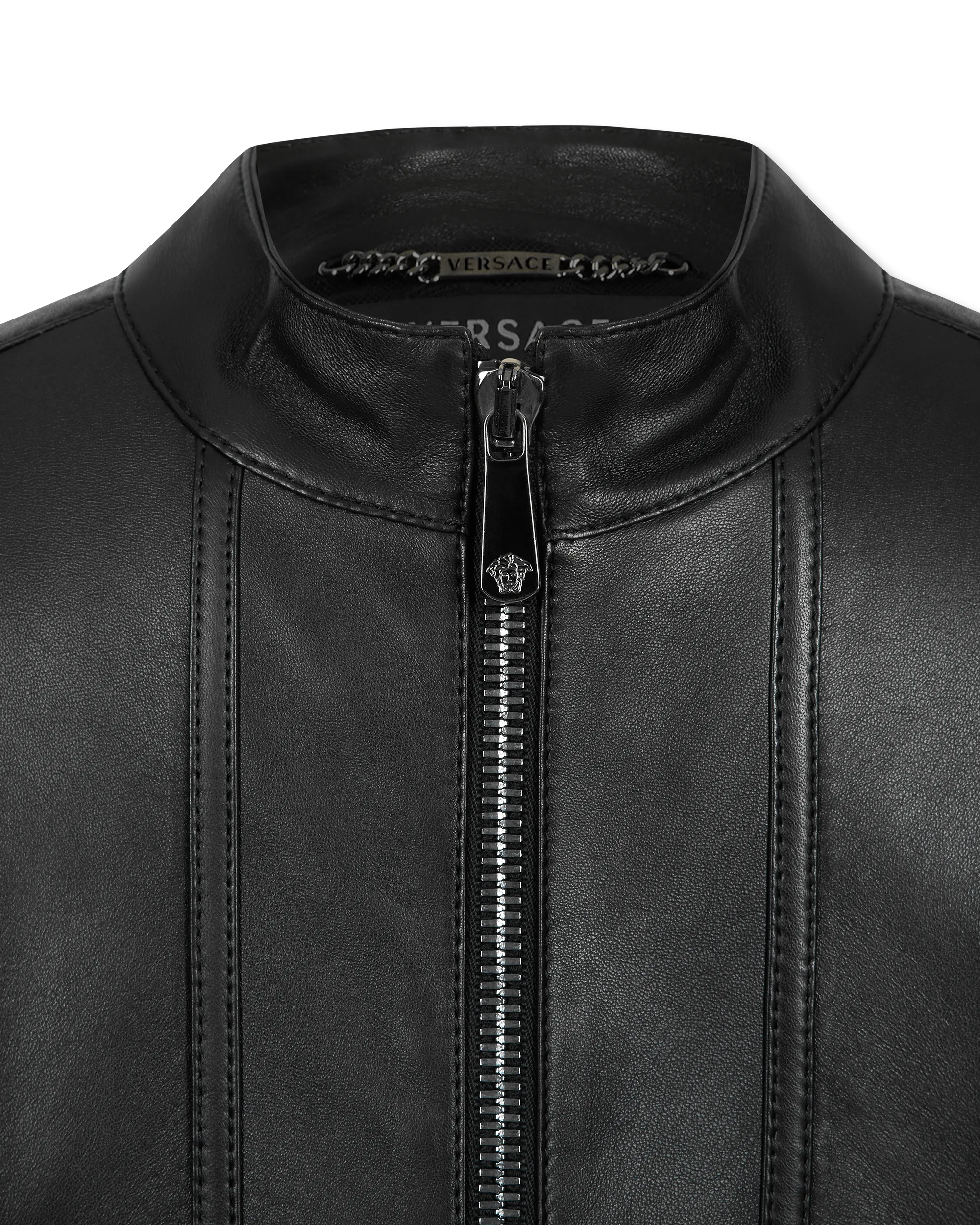 Leather Moto Jacket With Woven Chain Detail - DIHSAN