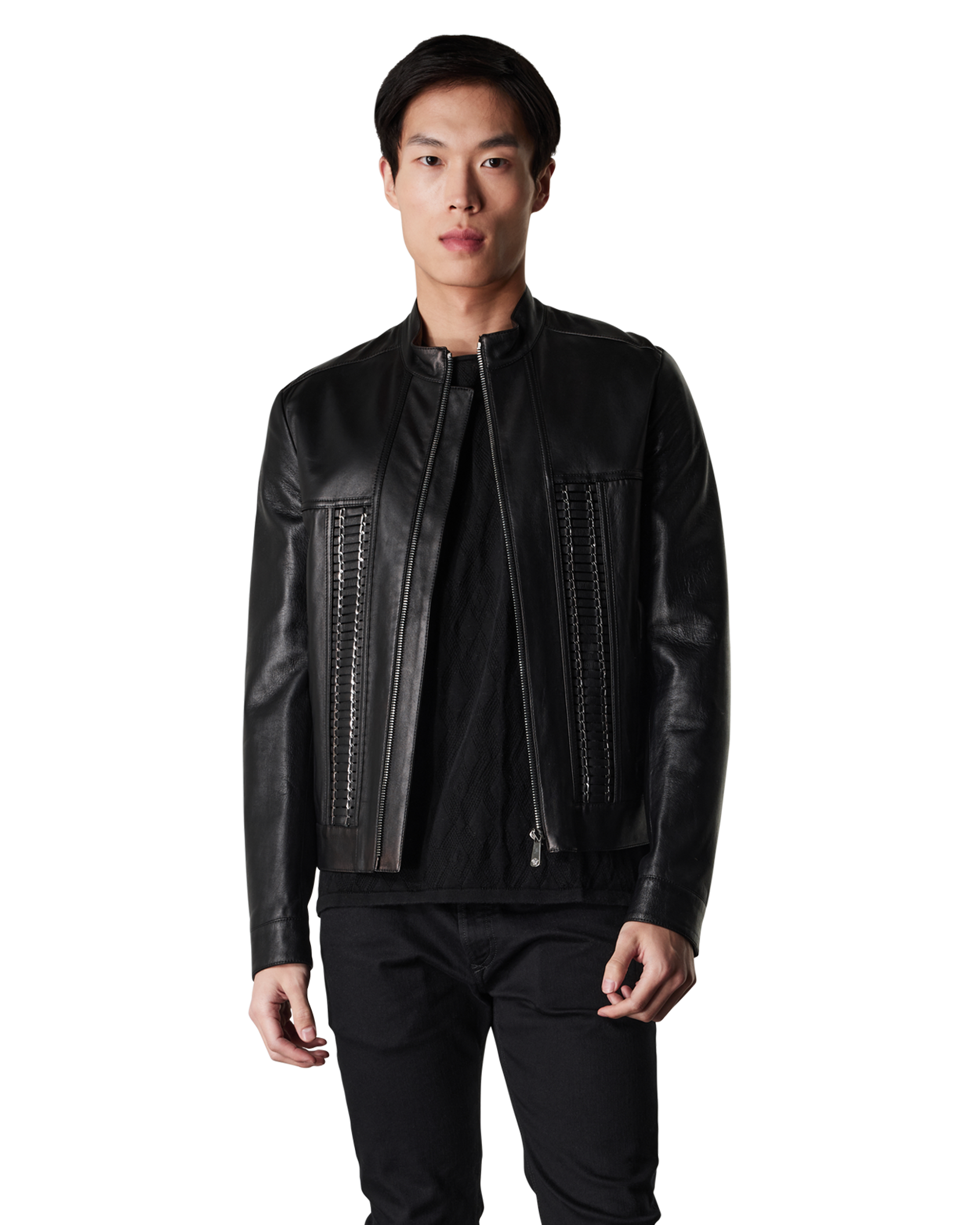 Leather Moto Jacket With Woven Chain Detail