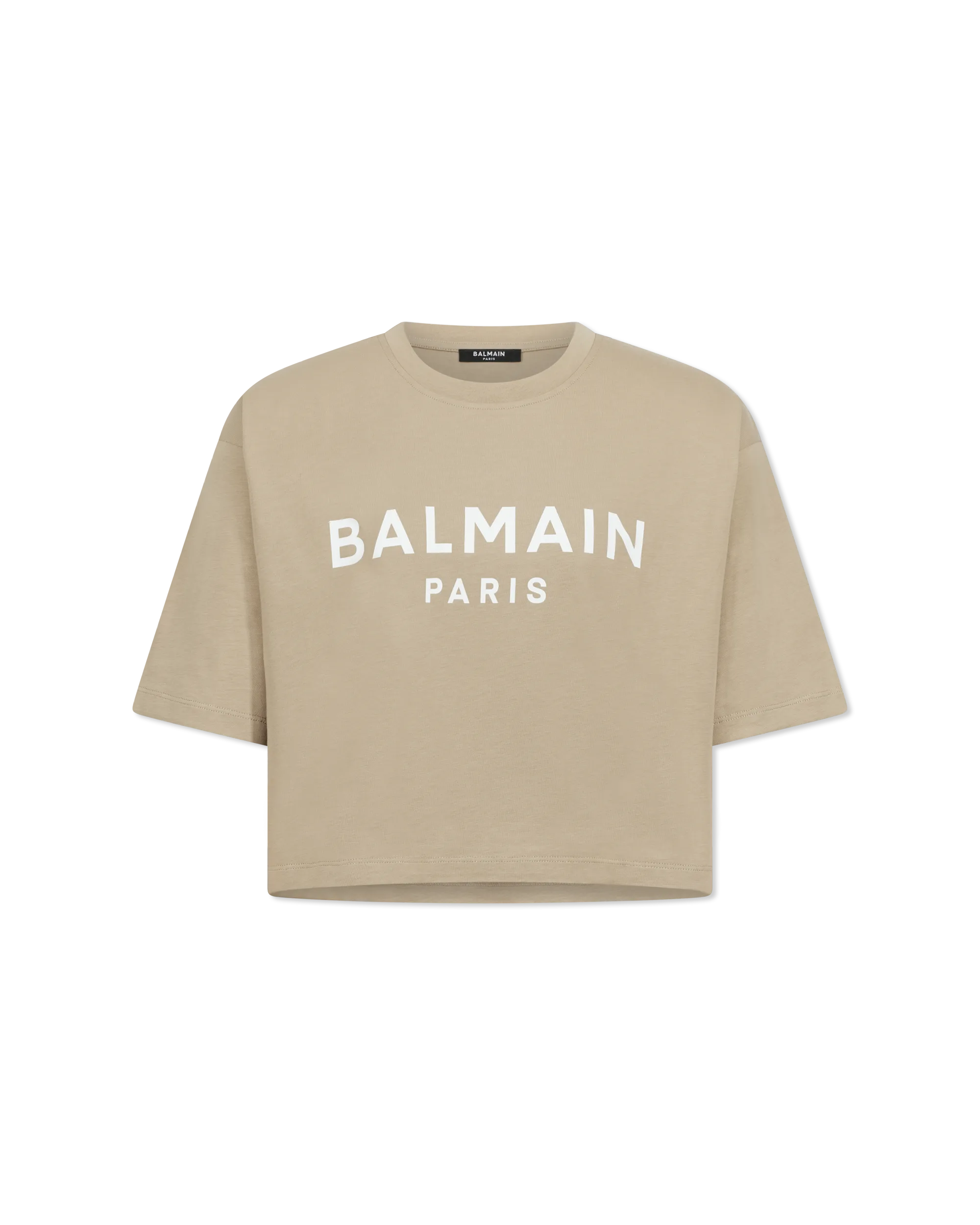 Beige Cotton Balmain Paris Print Cropped T-Shirt by Balmain | DIHSAN