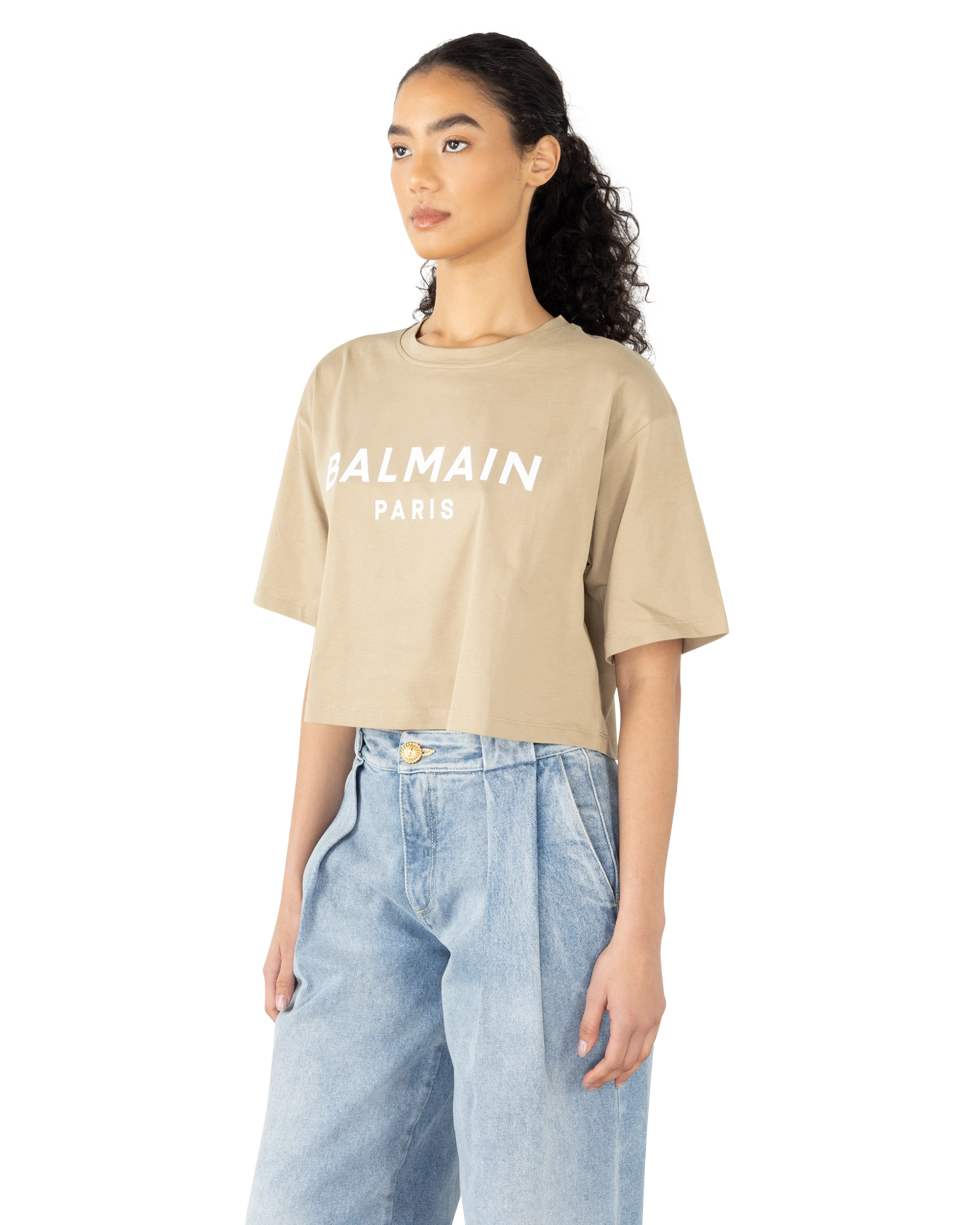Beige Cotton Balmain Paris Print Cropped T-Shirt by Balmain | DIHSAN