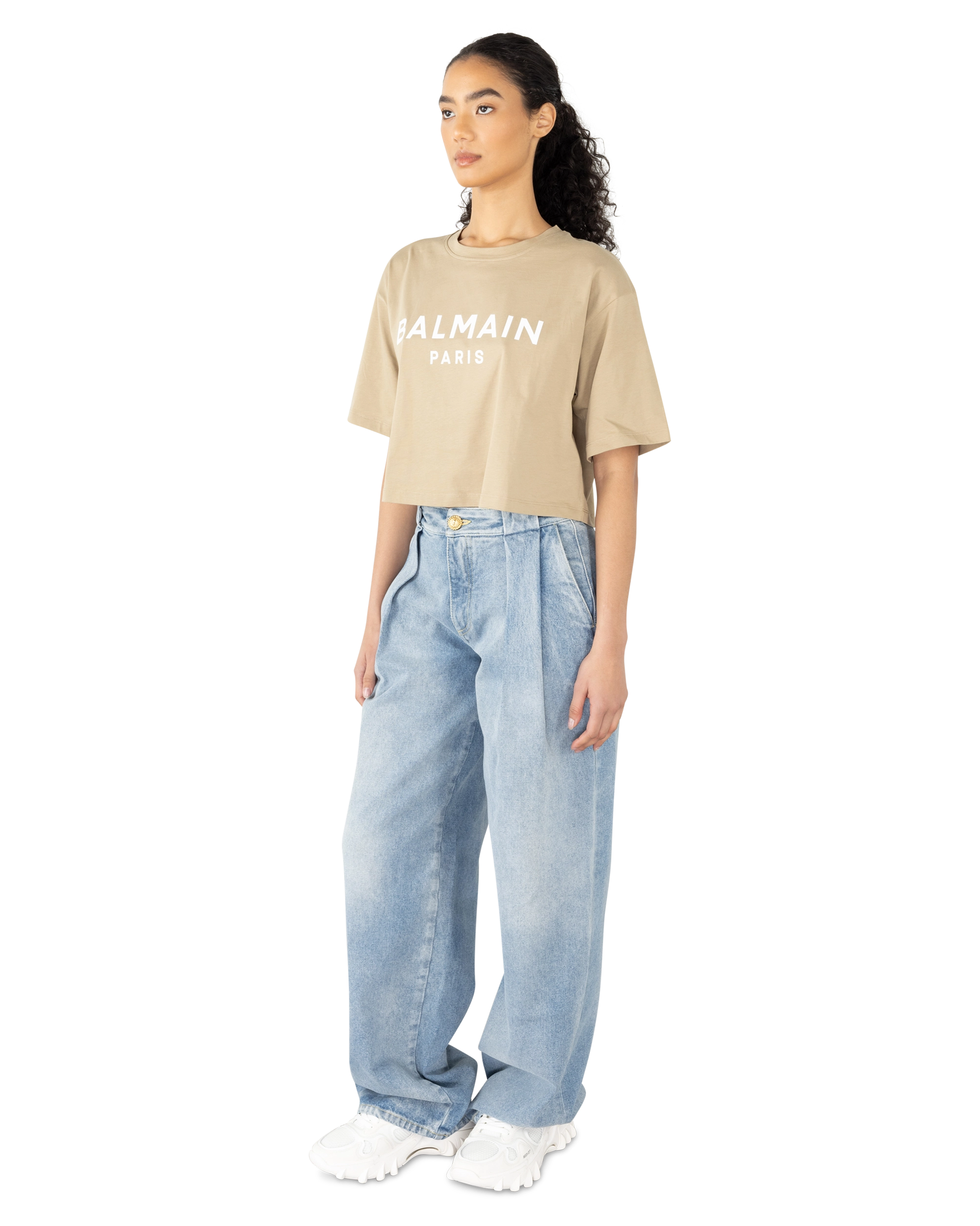 Beige Cotton Balmain Paris Print Cropped T-Shirt by Balmain | DIHSAN