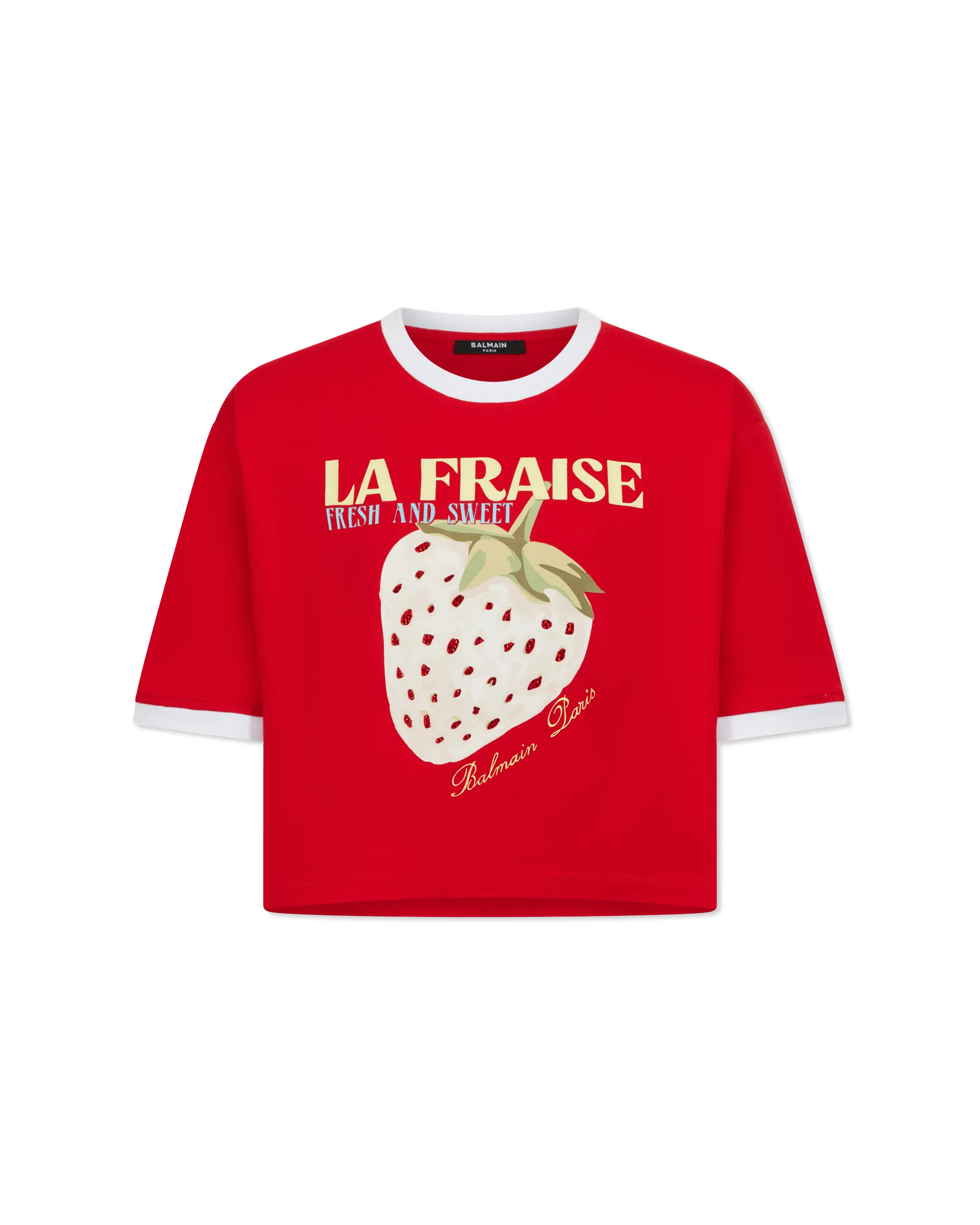 Cropped T-Shirt With Balmain Strawberry Print - DIHSAN