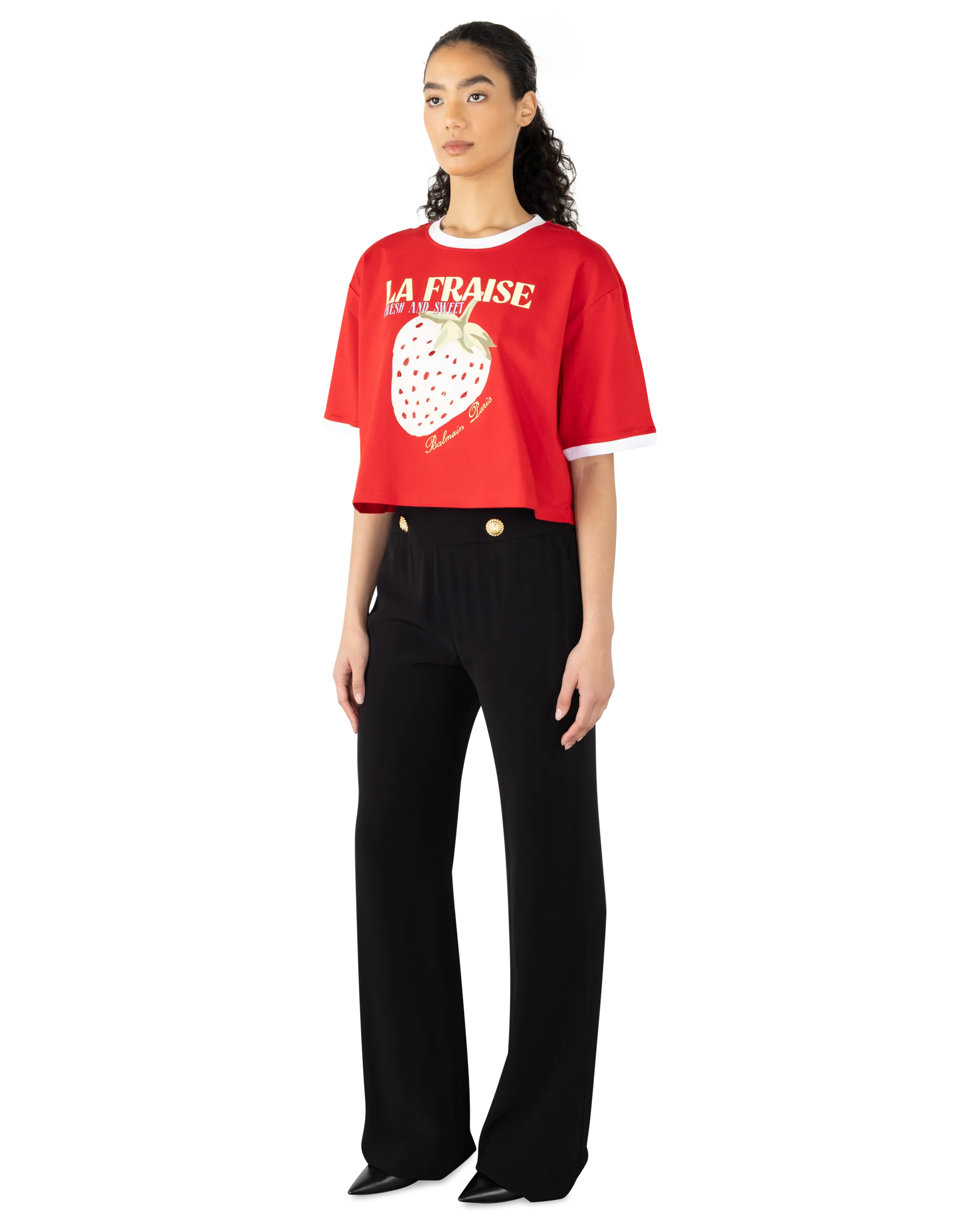 Cropped T-Shirt With Balmain Strawberry Print