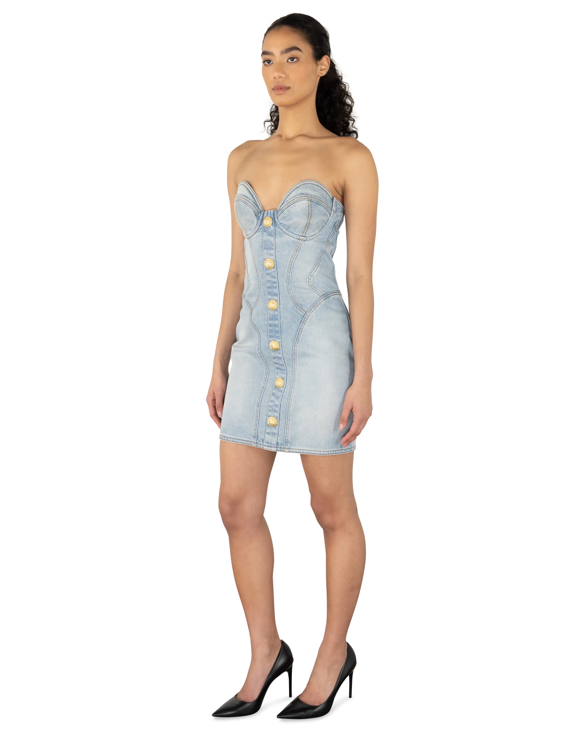 Button-Detailed Bustier Denim Dress