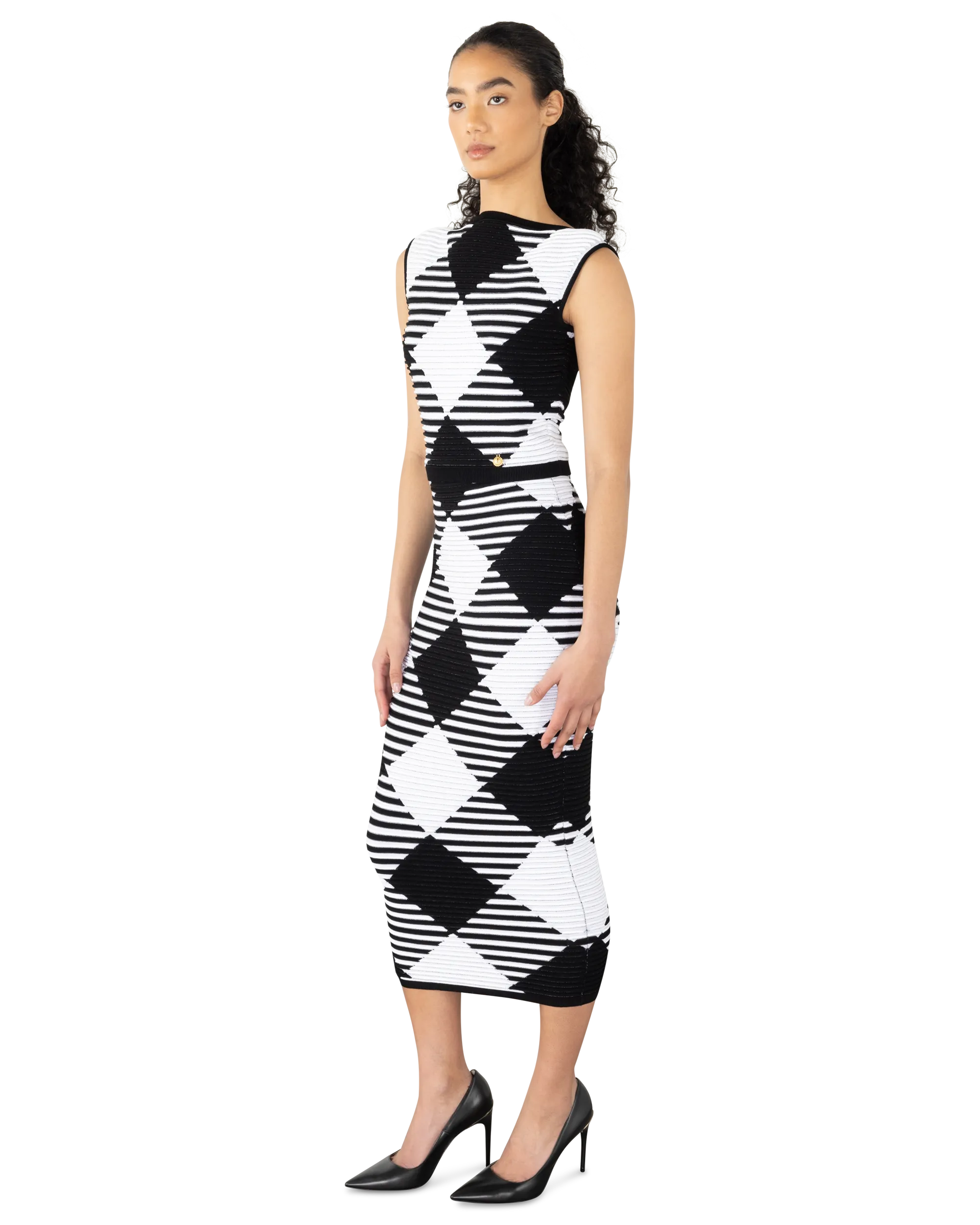 Rolled Gingham Knit Midi Skirt