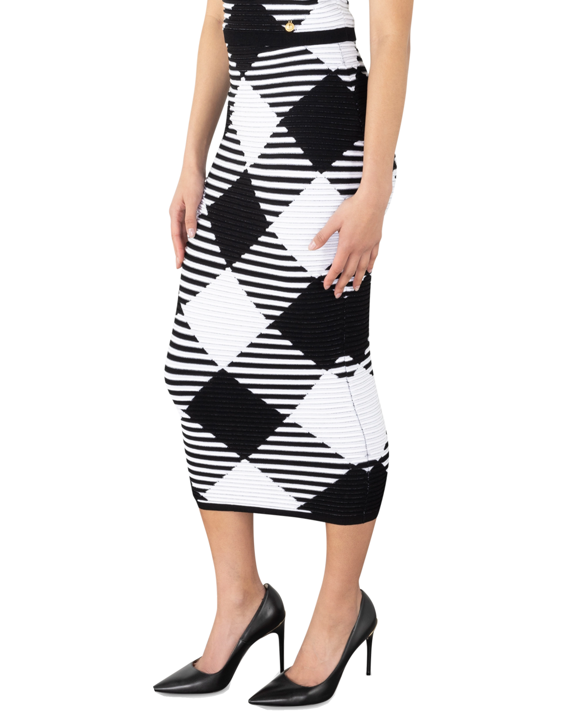 Rolled Gingham Knit Midi Skirt