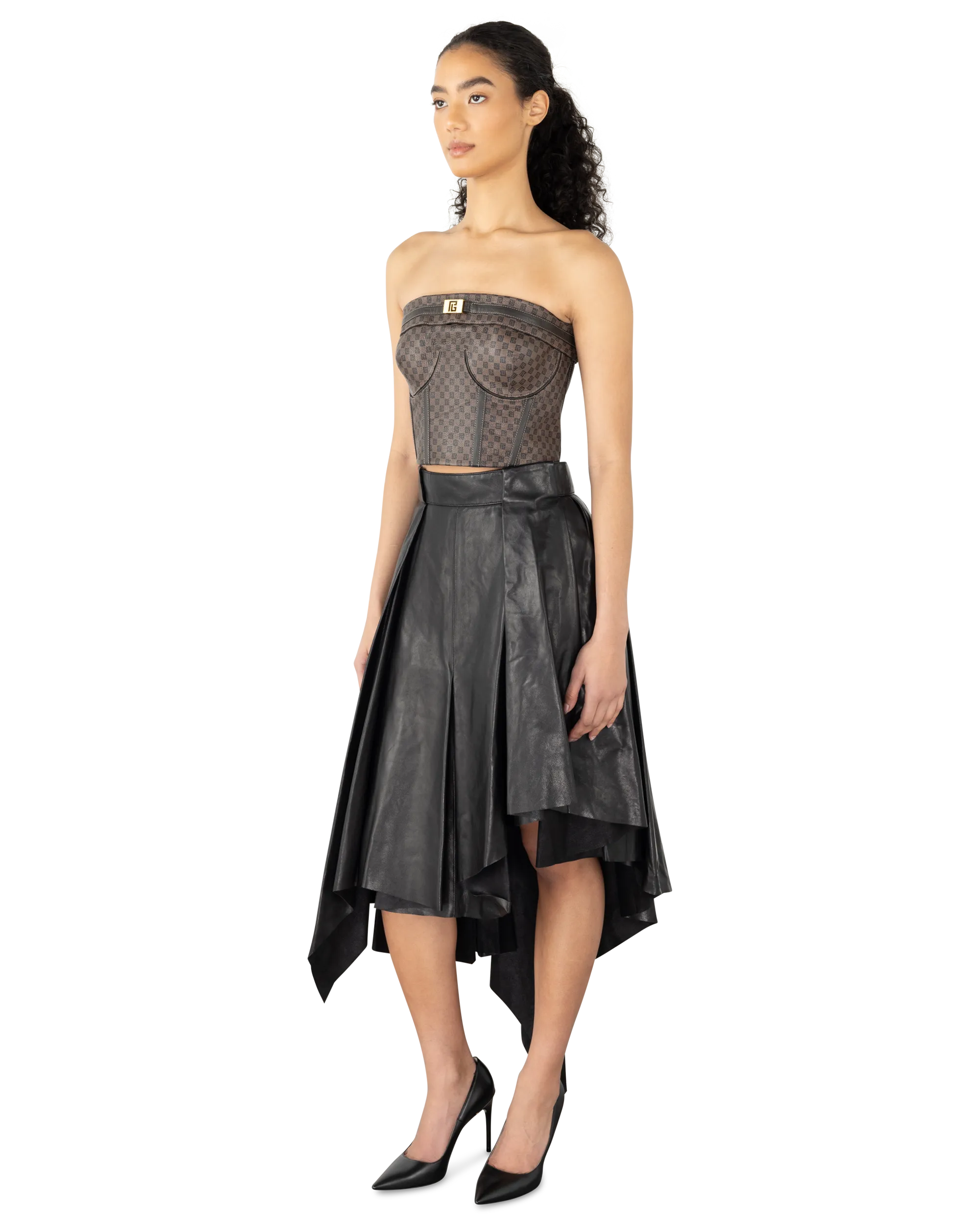 Asymmetrical Pleated Midi Leather Skirt