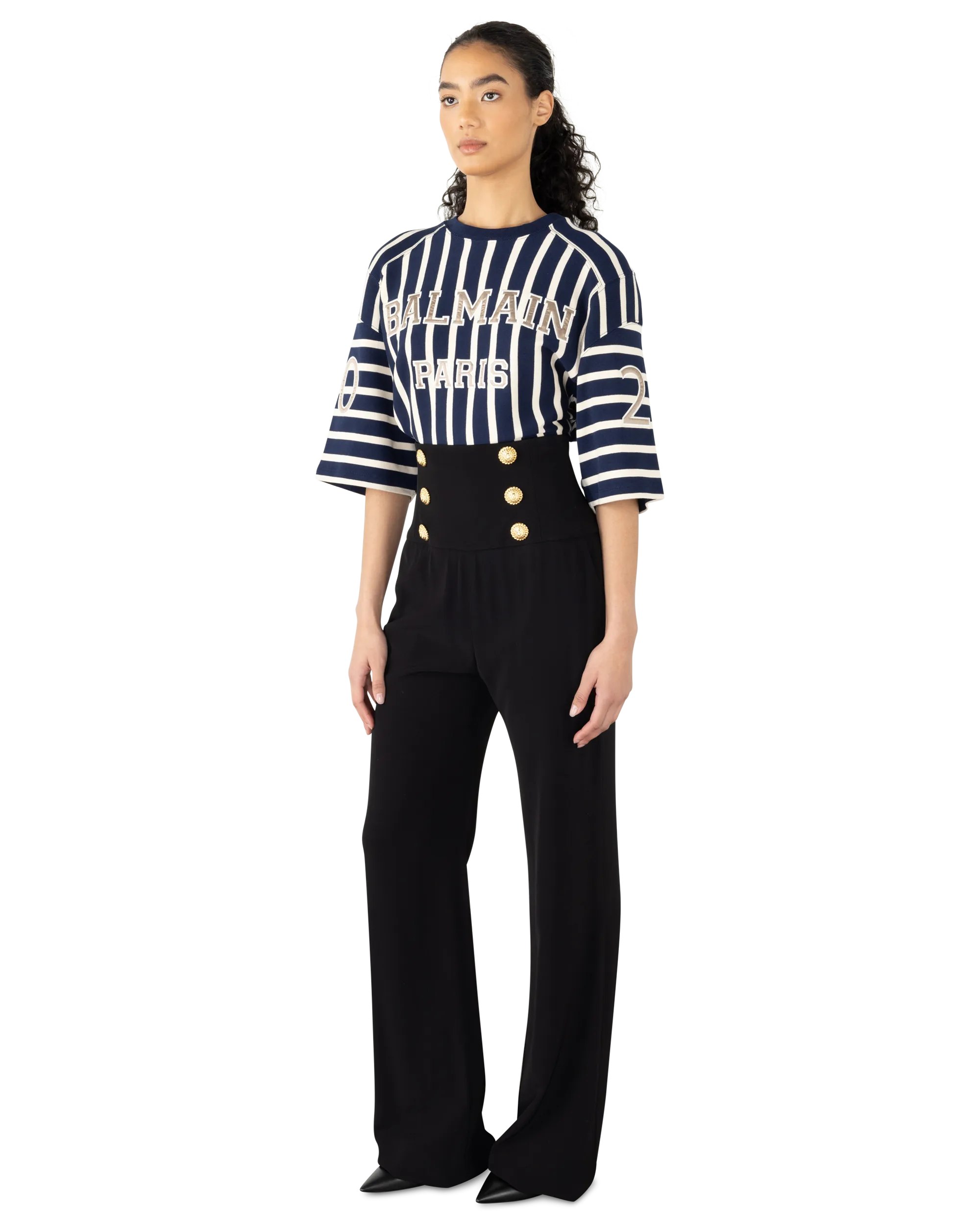 High Waisted 6 Button Crepe Wide-Leg Trousers