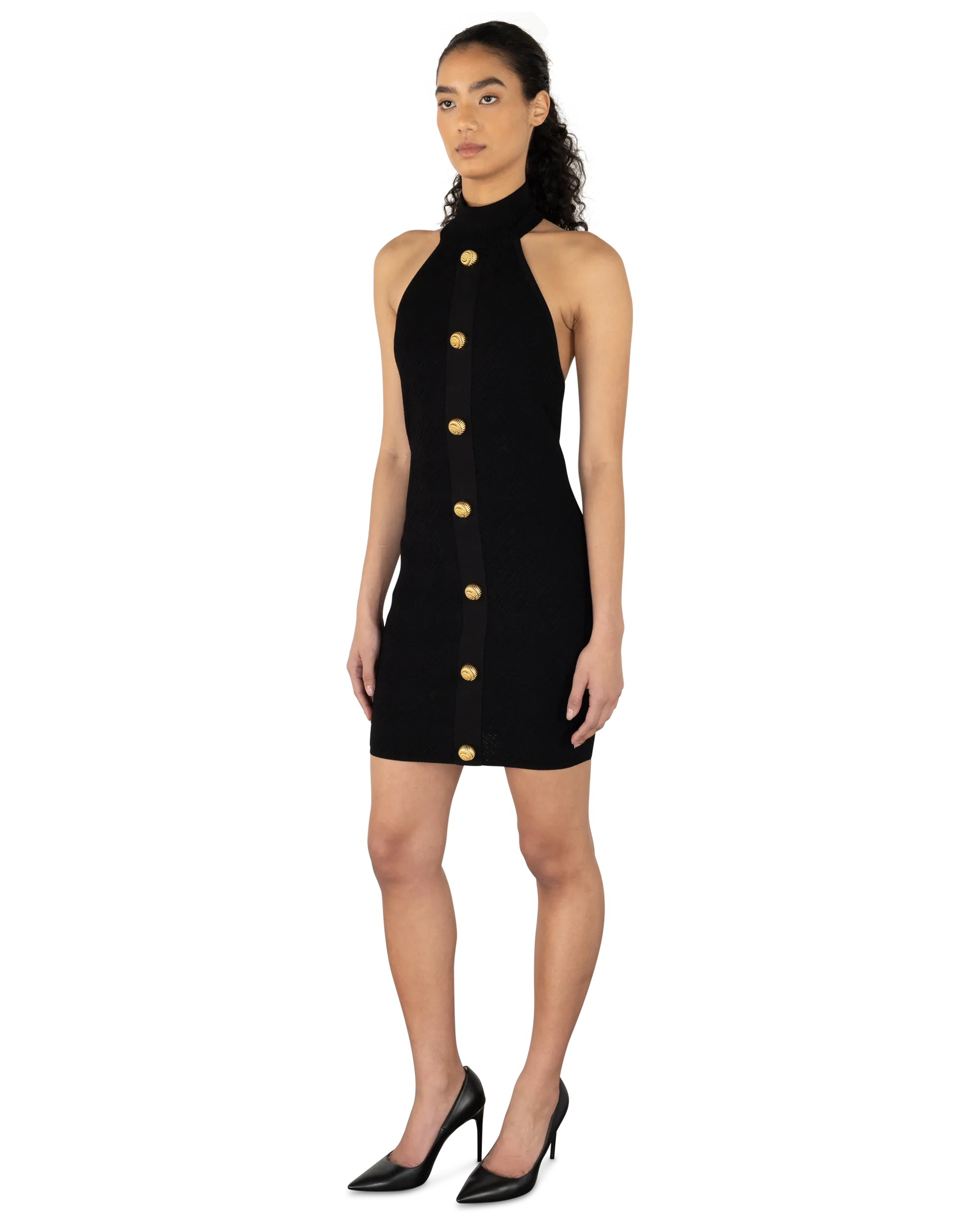 Halterneck Button Knit Mini Dress