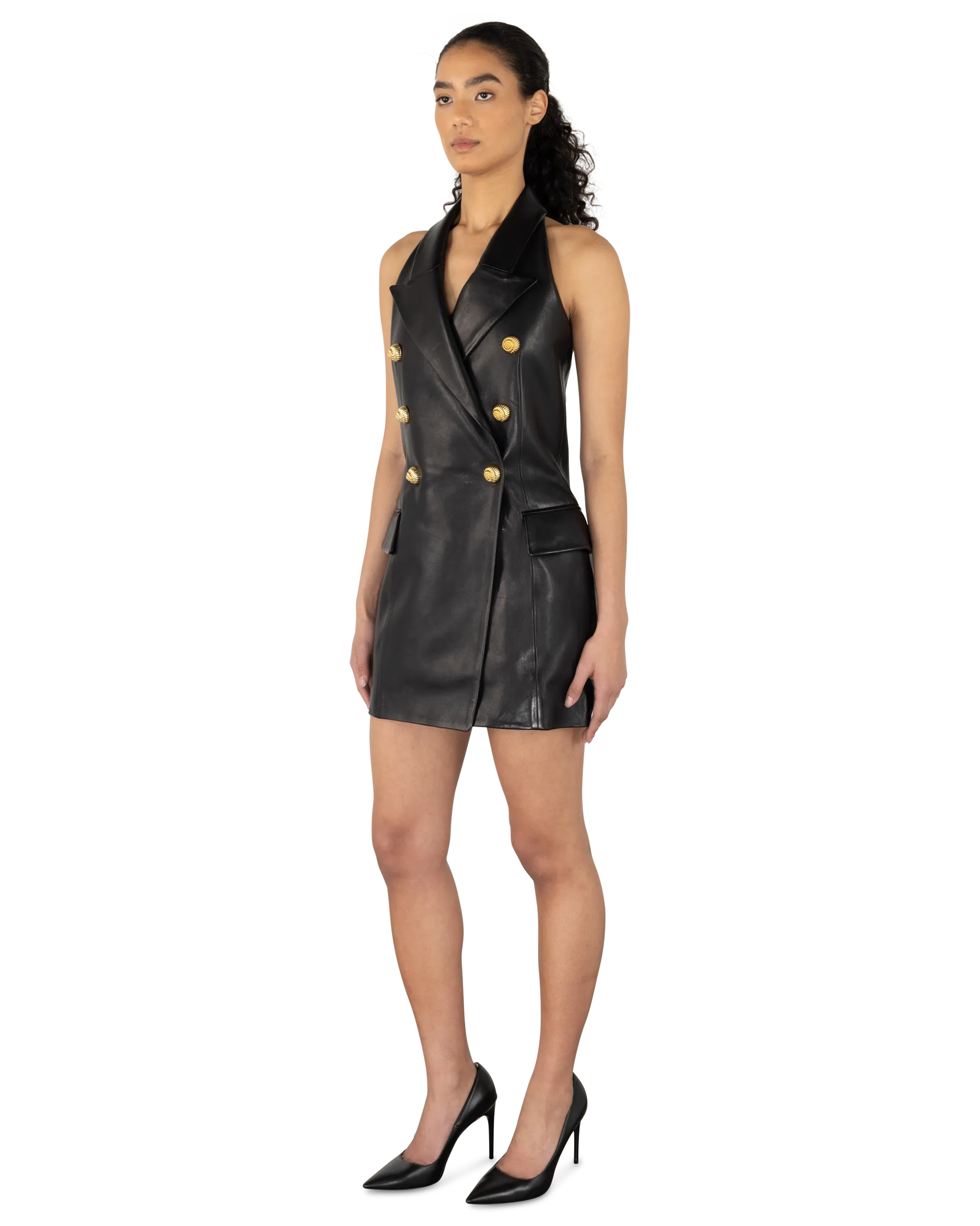 Lambskin Leather Halterneck Mini Dress