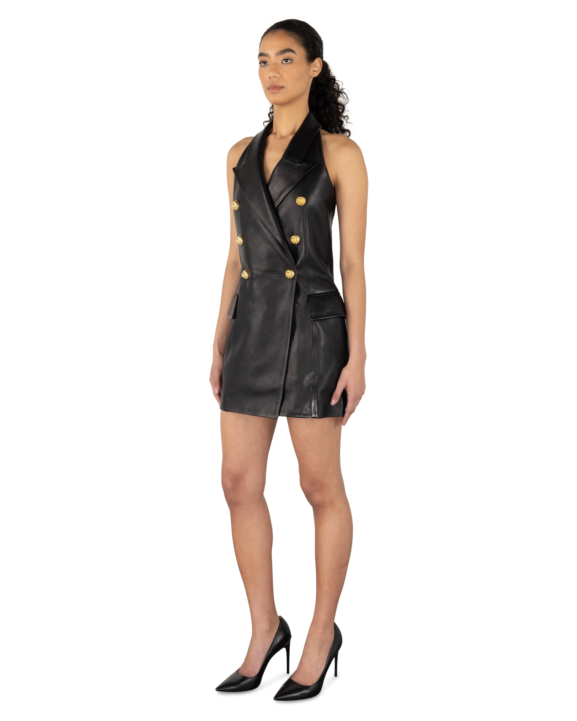 Lambskin Leather Halterneck Mini Dress
