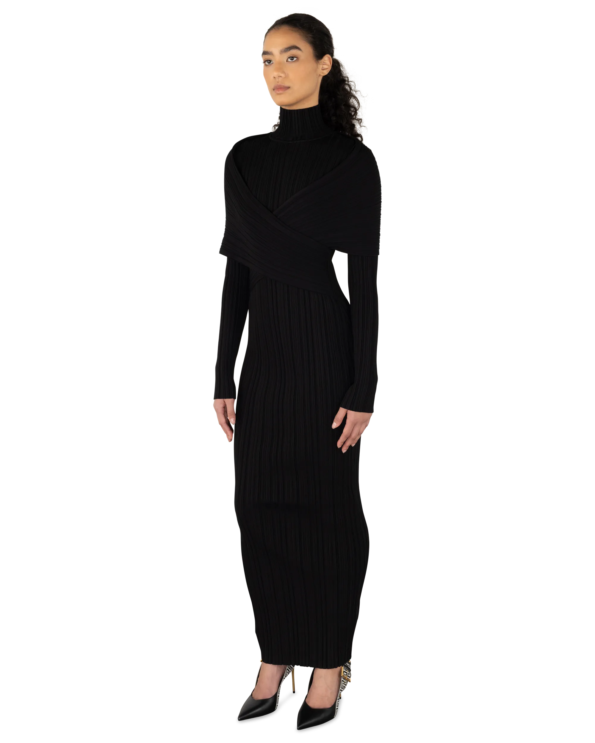 Criss Cross Pleated Knit Maxi Dress
